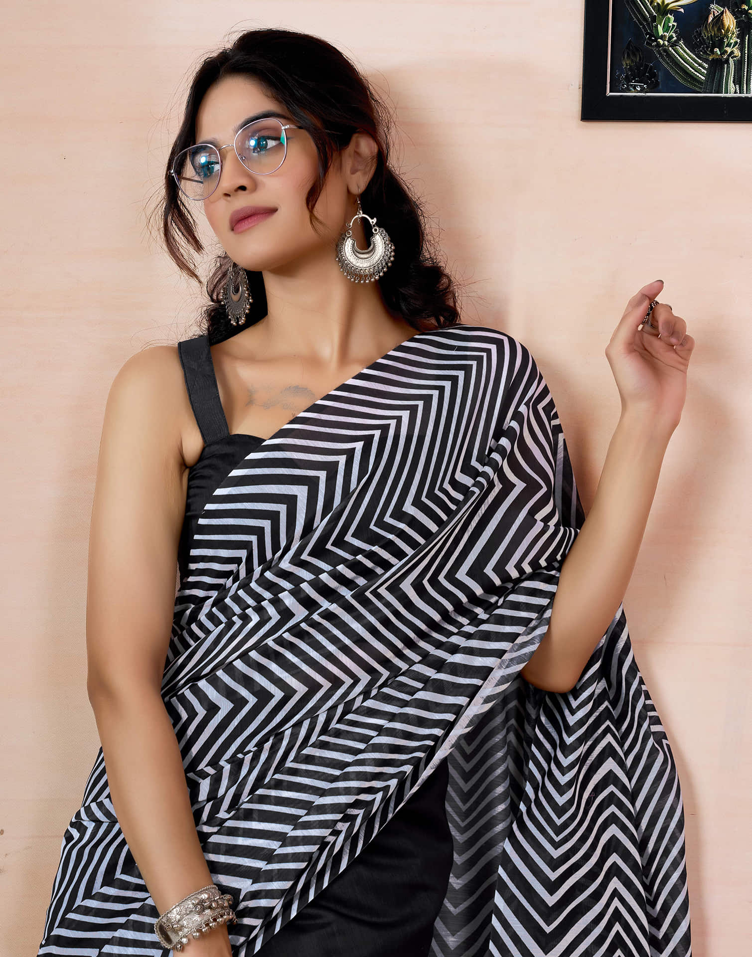 Ready To Wear Black Chanderi Printed Saree With Pocket