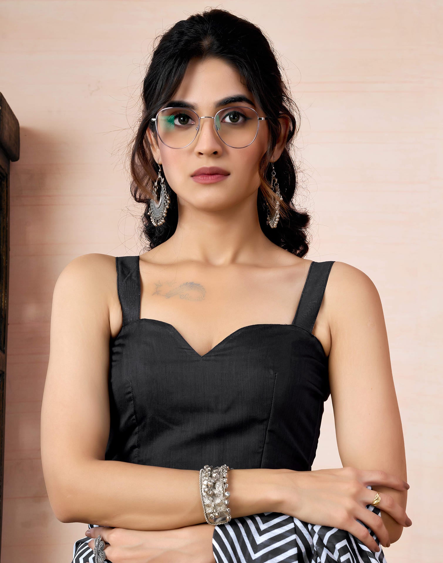Ready To Wear Black Chanderi Printed Saree With Pocket
