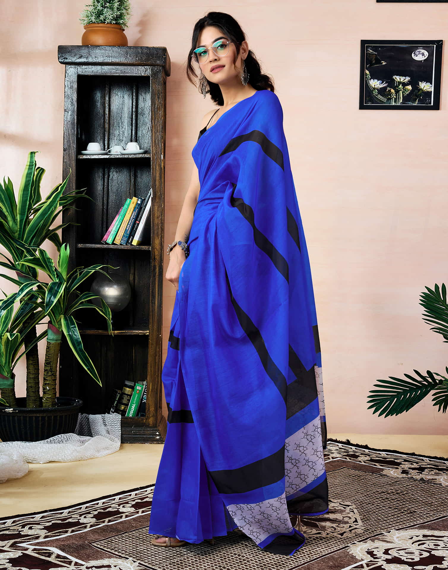 Ready To Wear Dark Blue Chanderi Printed Saree With Pocket