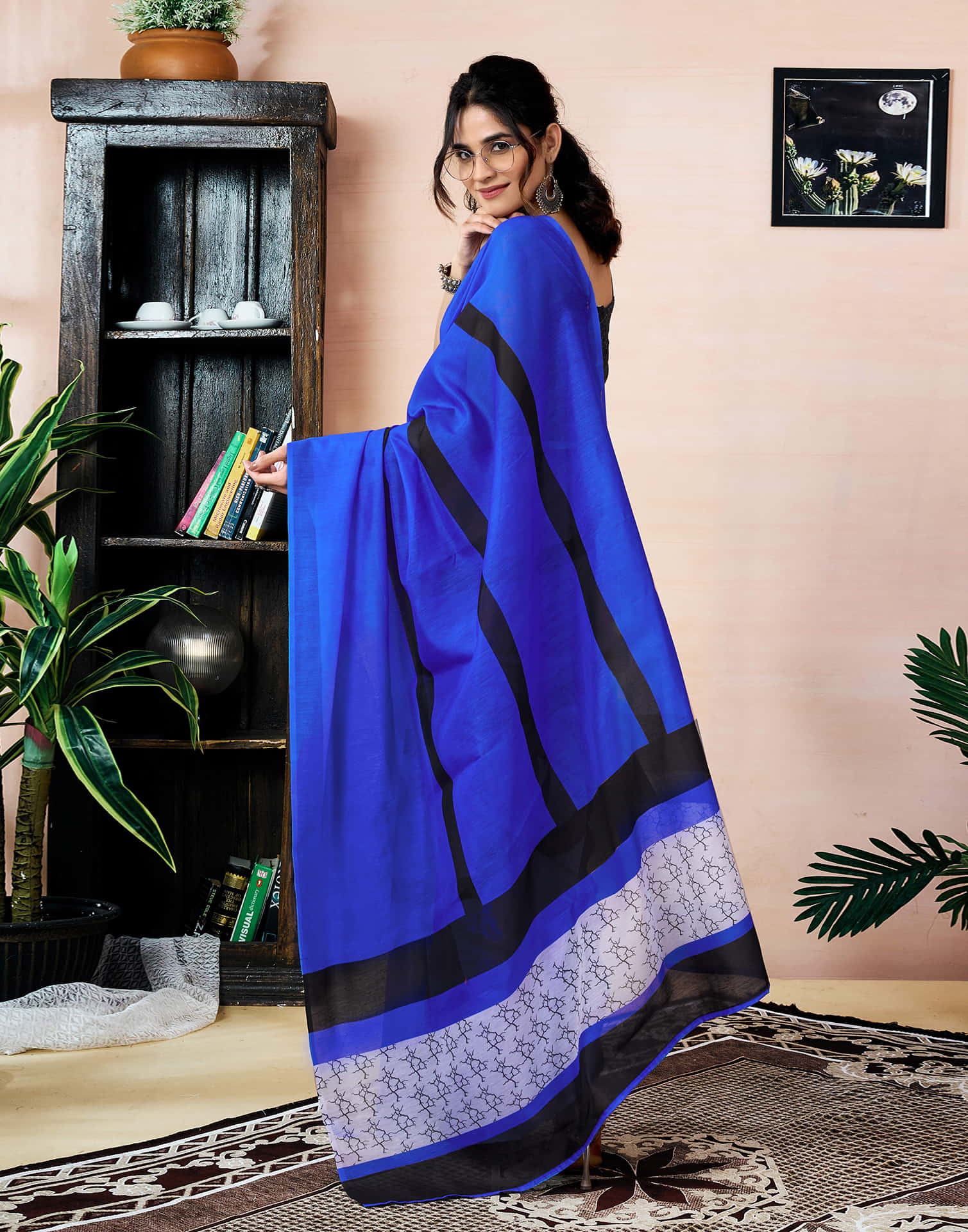 Ready To Wear Dark Blue Chanderi Printed Saree With Pocket