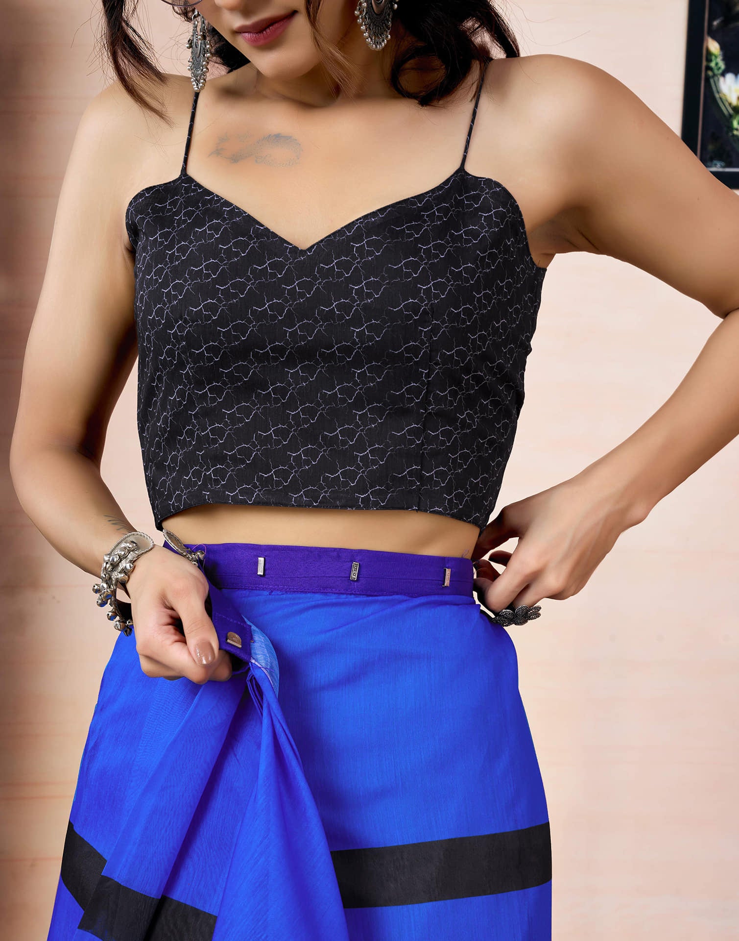 Ready To Wear Dark Blue Chanderi Printed Saree With Pocket