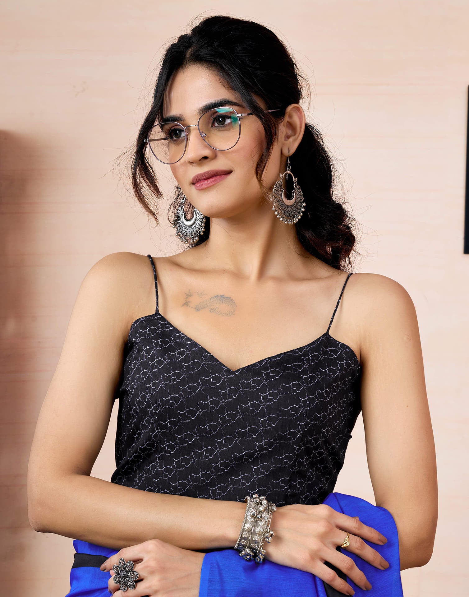 Ready To Wear Dark Blue Chanderi Printed Saree With Pocket