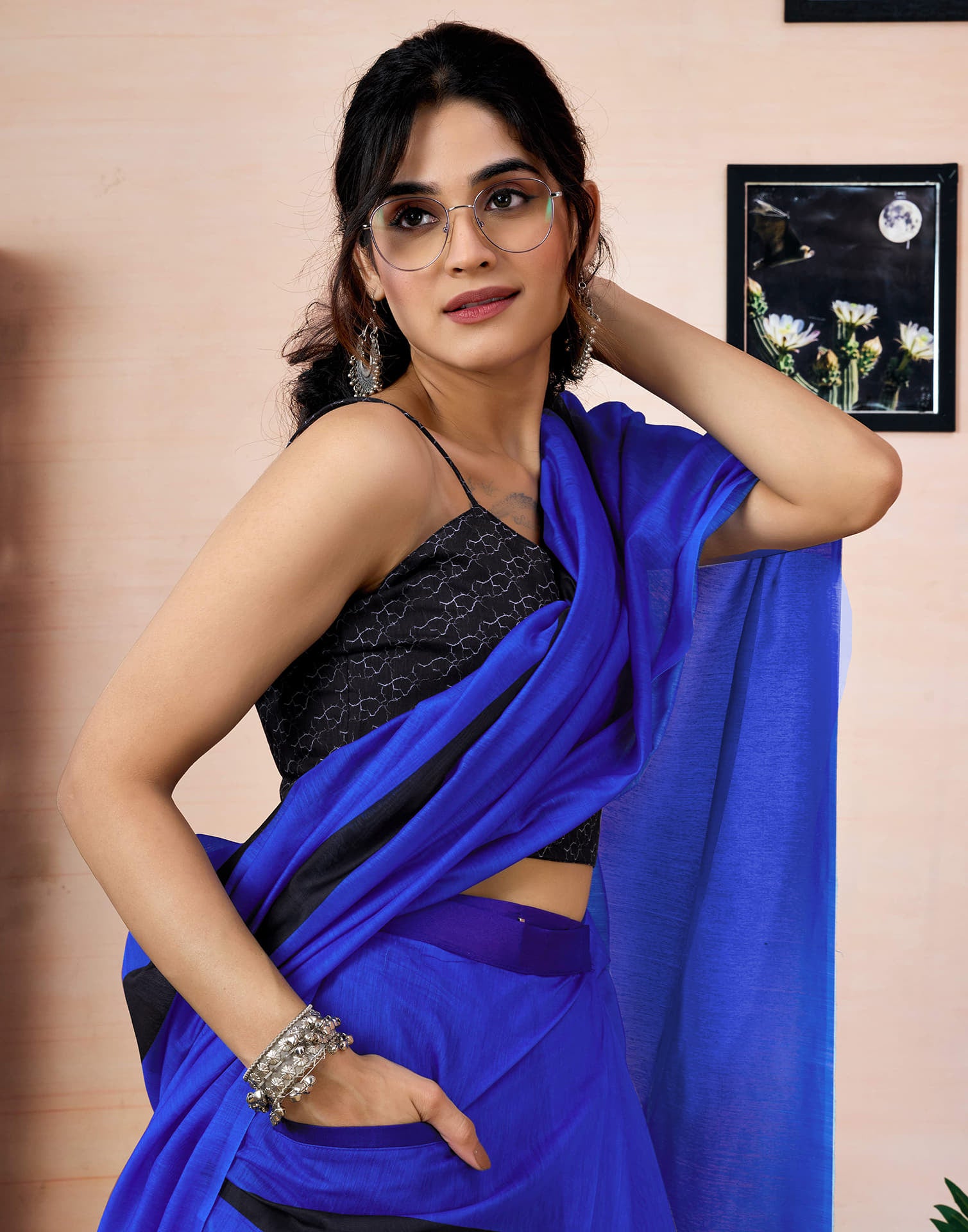 Ready To Wear Dark Blue Chanderi Printed Saree With Pocket