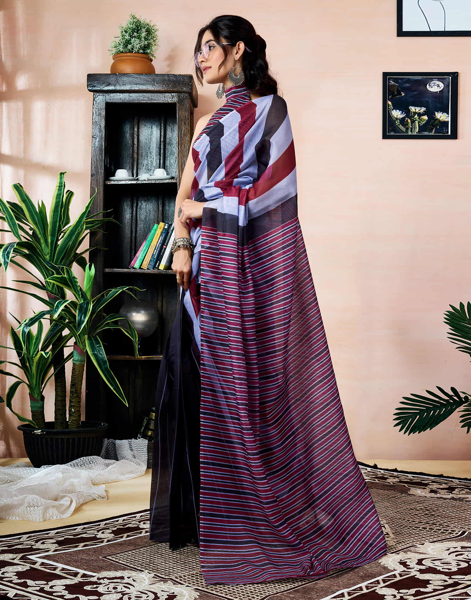 Ready To Wear Black Chanderi Printed Saree With Pocket