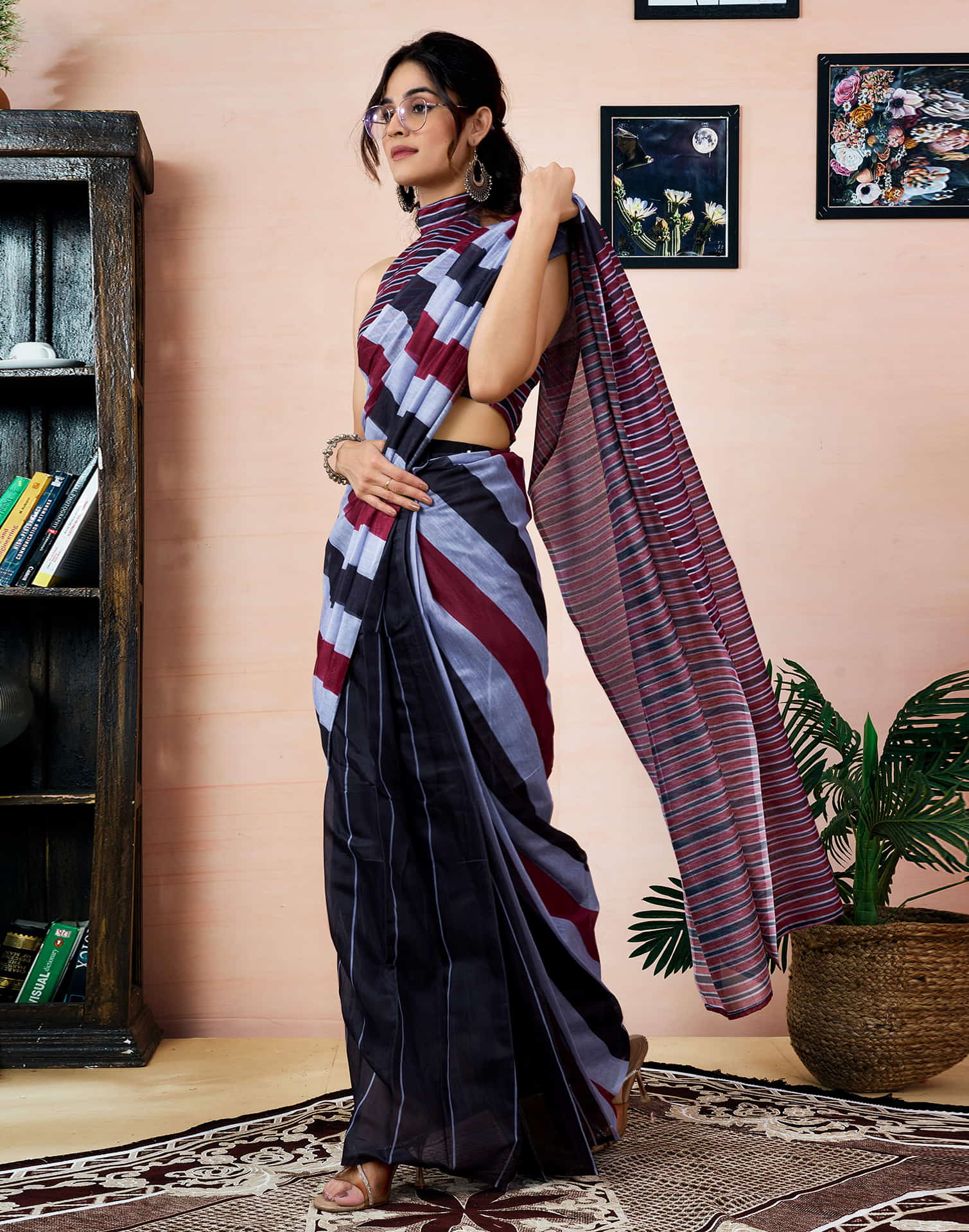Ready To Wear Black Chanderi Printed Saree With Pocket