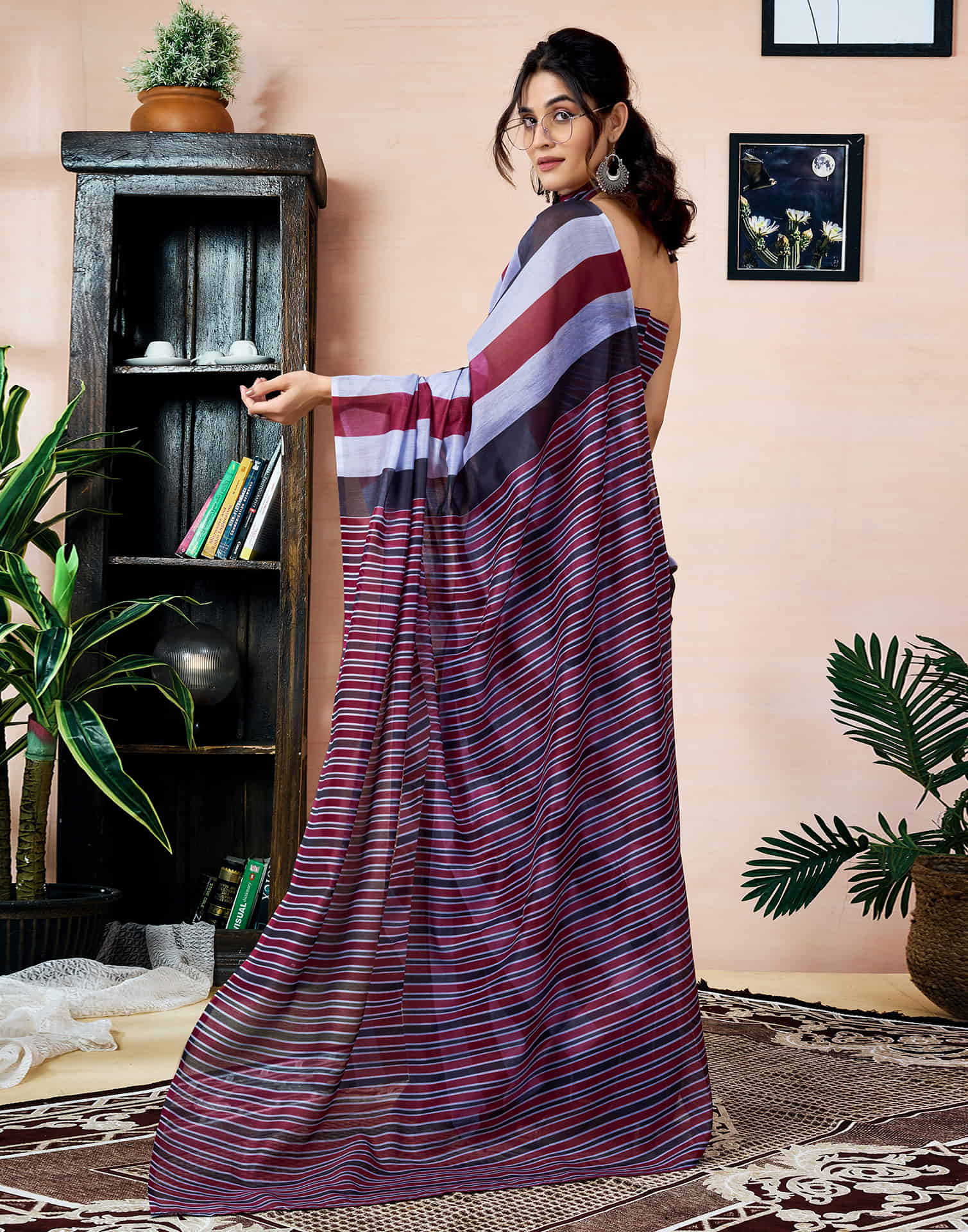 Ready To Wear Black Chanderi Printed Saree With Pocket