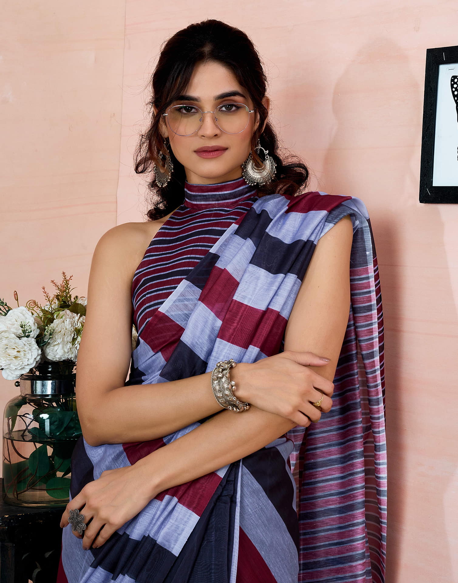 Ready To Wear Black Chanderi Printed Saree With Pocket