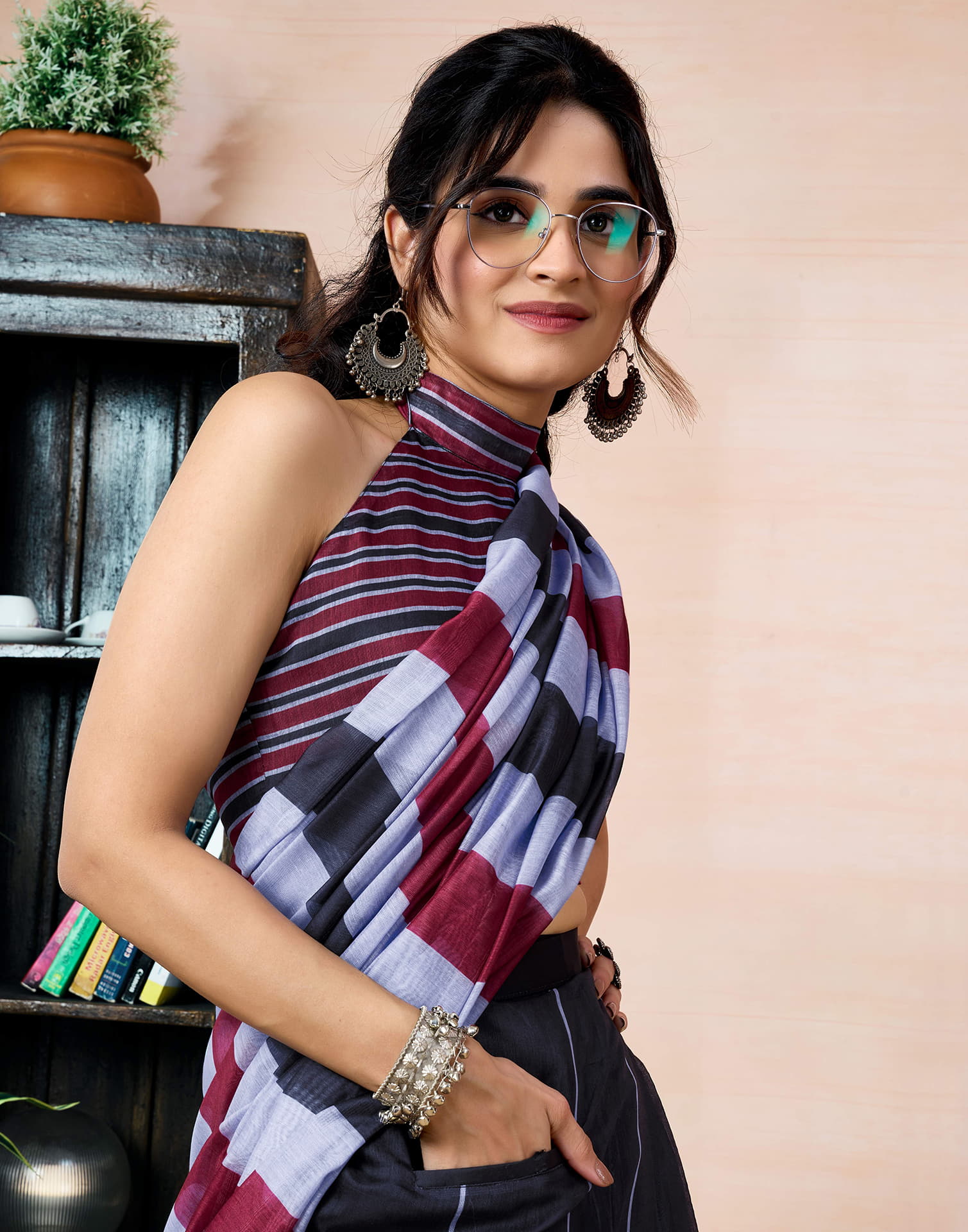 Ready To Wear Black Chanderi Printed Saree With Pocket