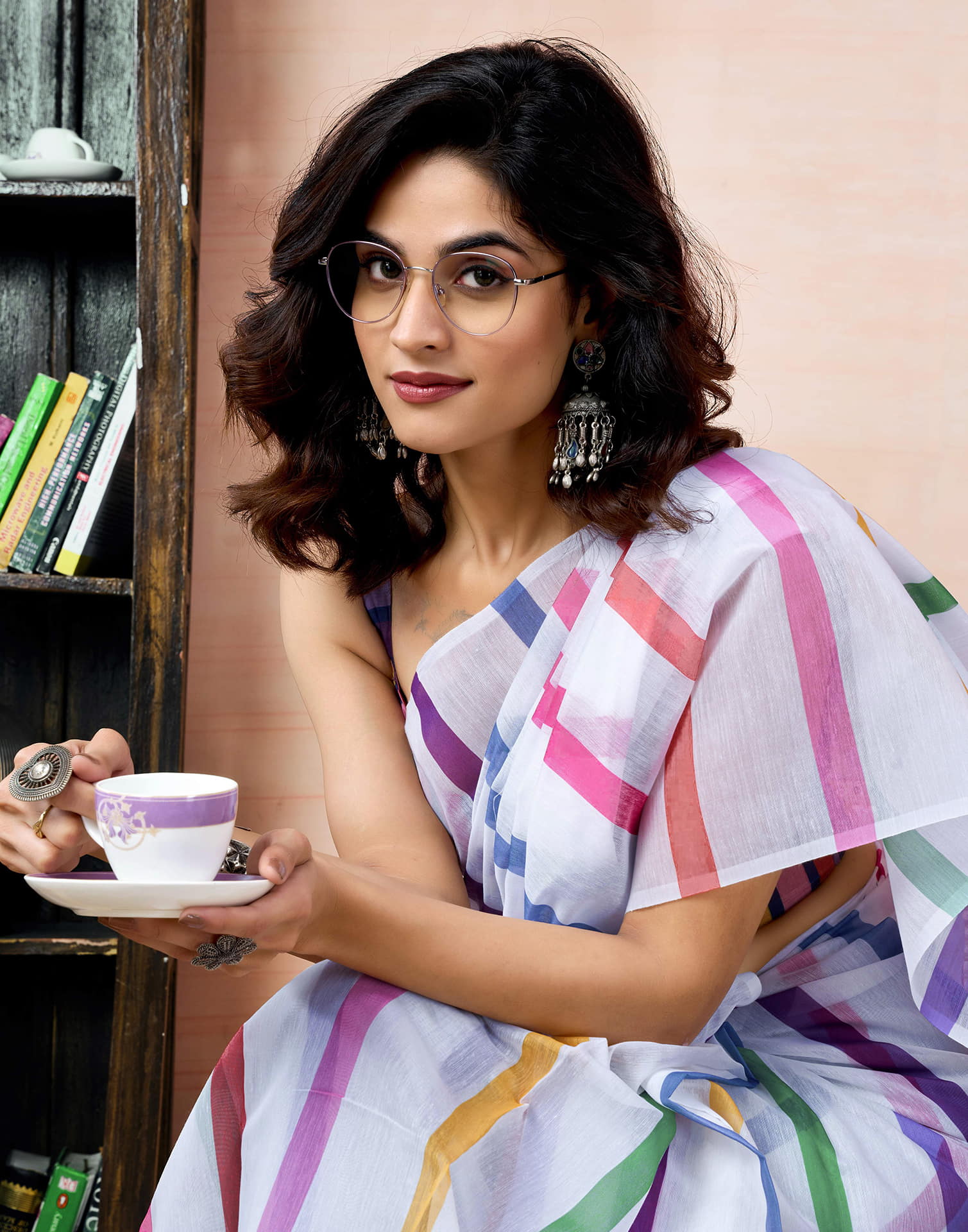 Ready To Wear White Chanderi Printed Saree With Pocket