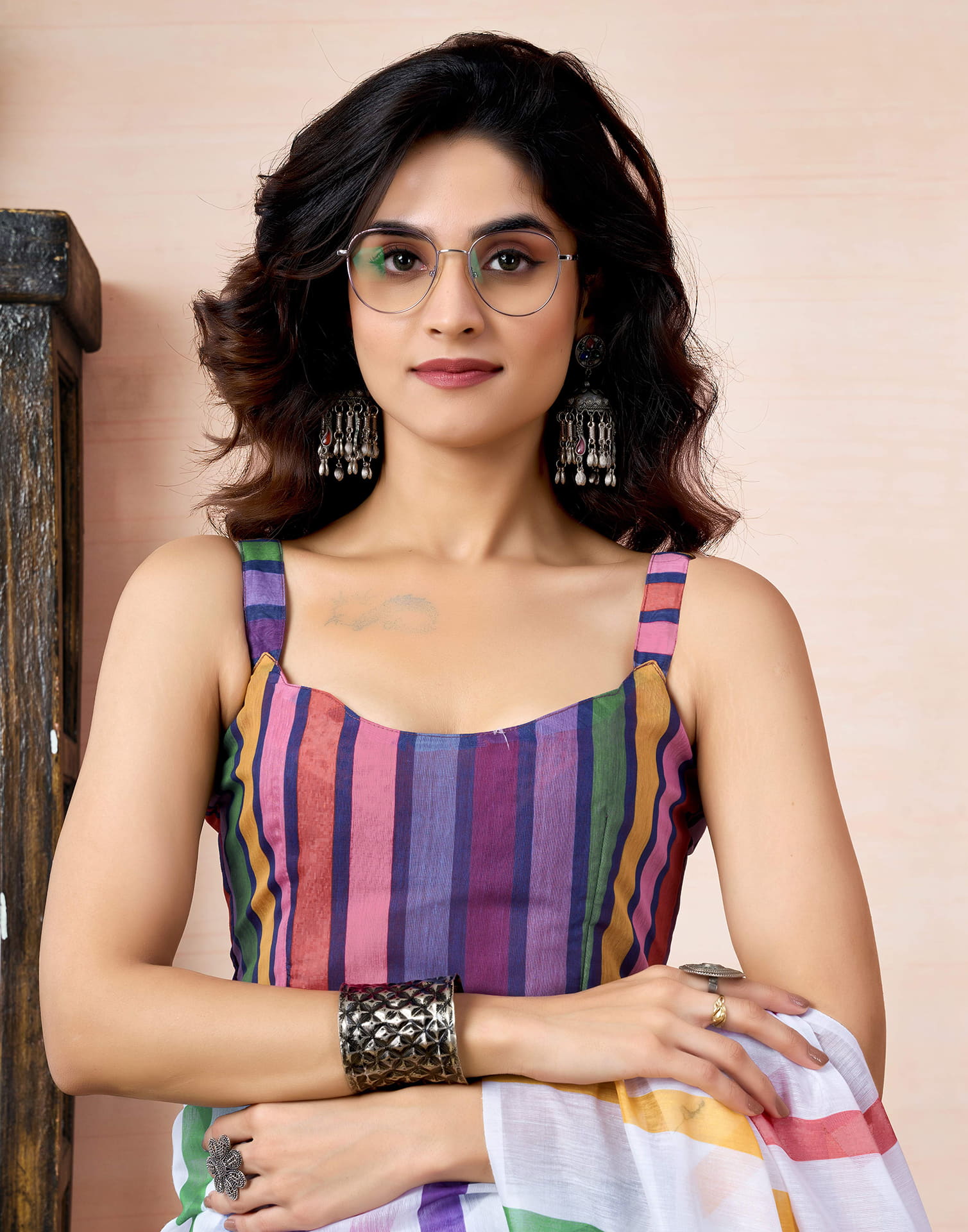 Ready To Wear White Chanderi Printed Saree With Pocket