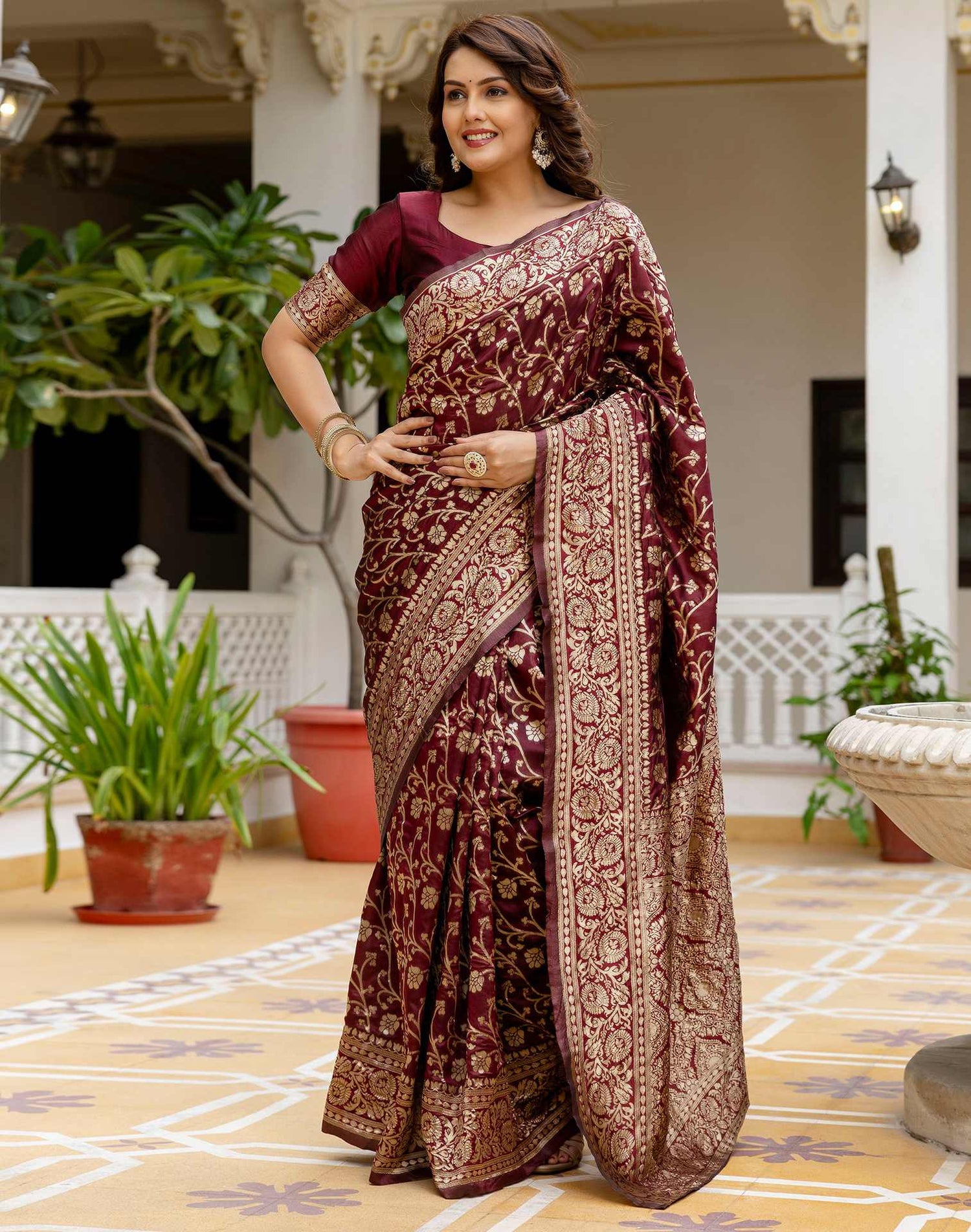 Maroon Silk Woven Banarasi Saree