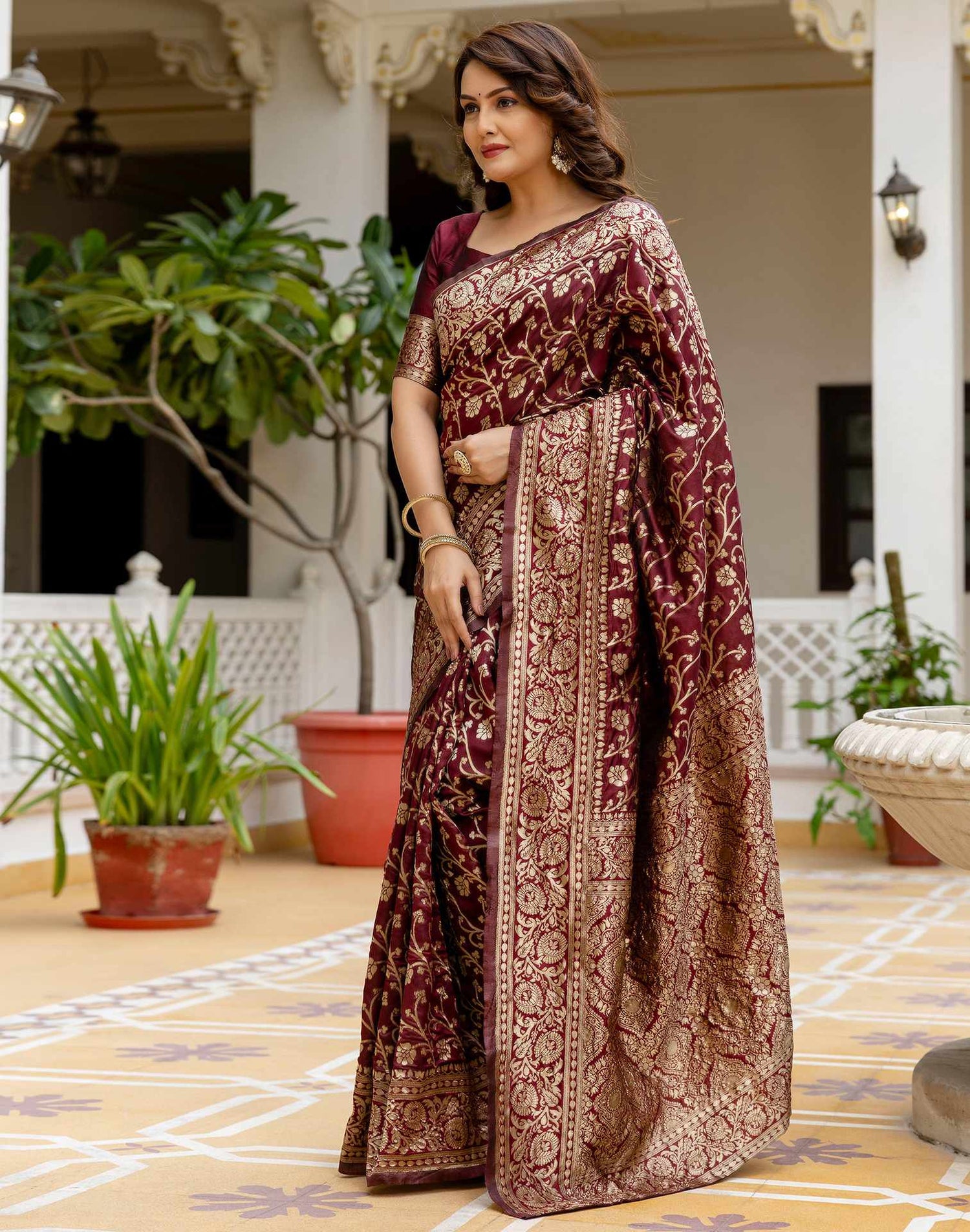 Maroon Silk Woven Banarasi Saree