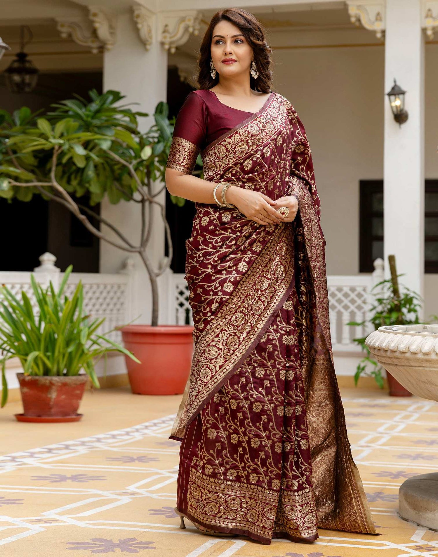 Maroon Silk Woven Banarasi Saree