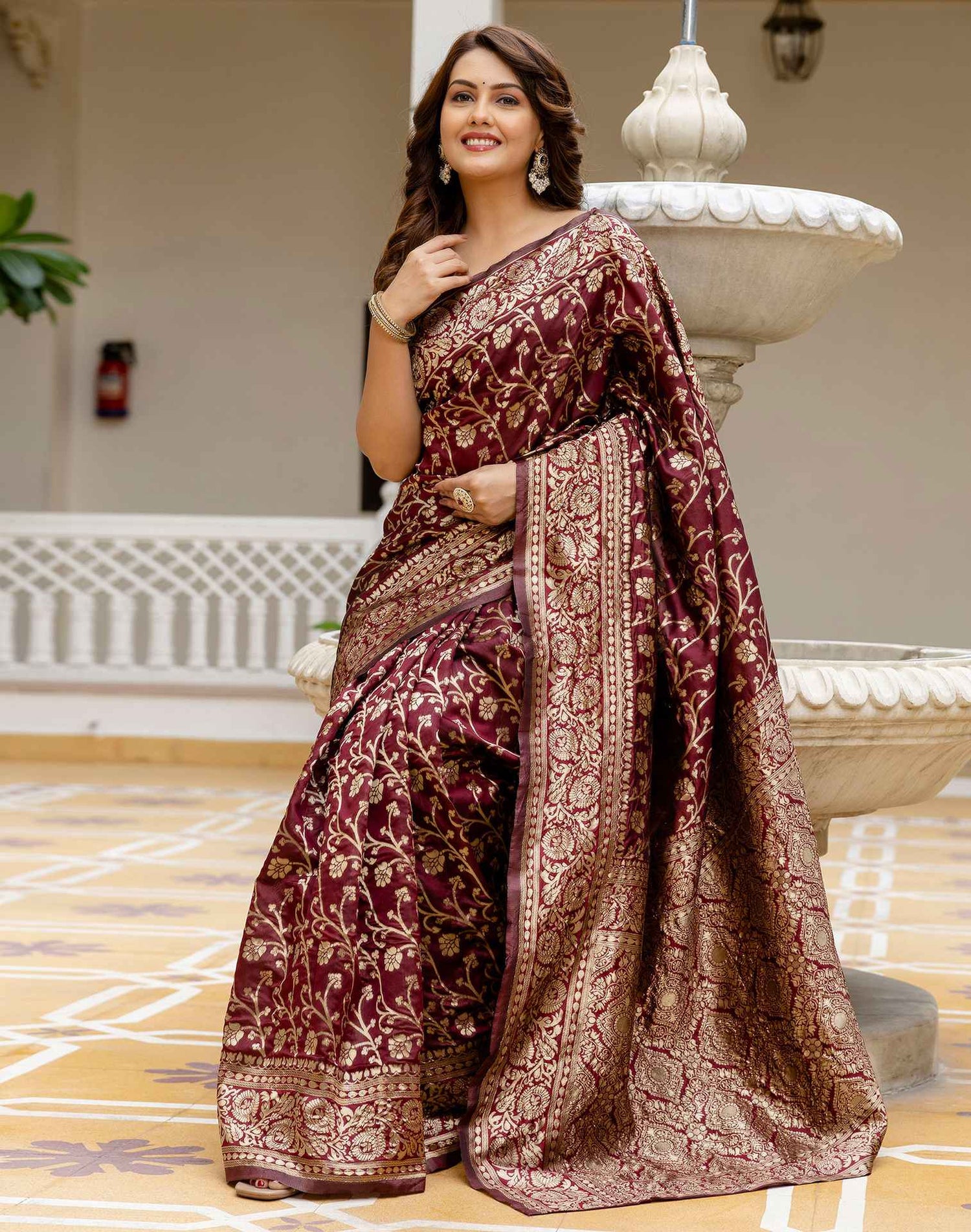 Maroon Silk Woven Banarasi Saree