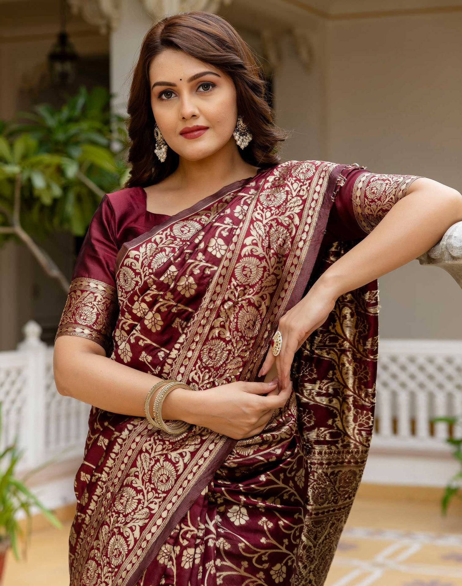 Maroon Silk Woven Banarasi Saree