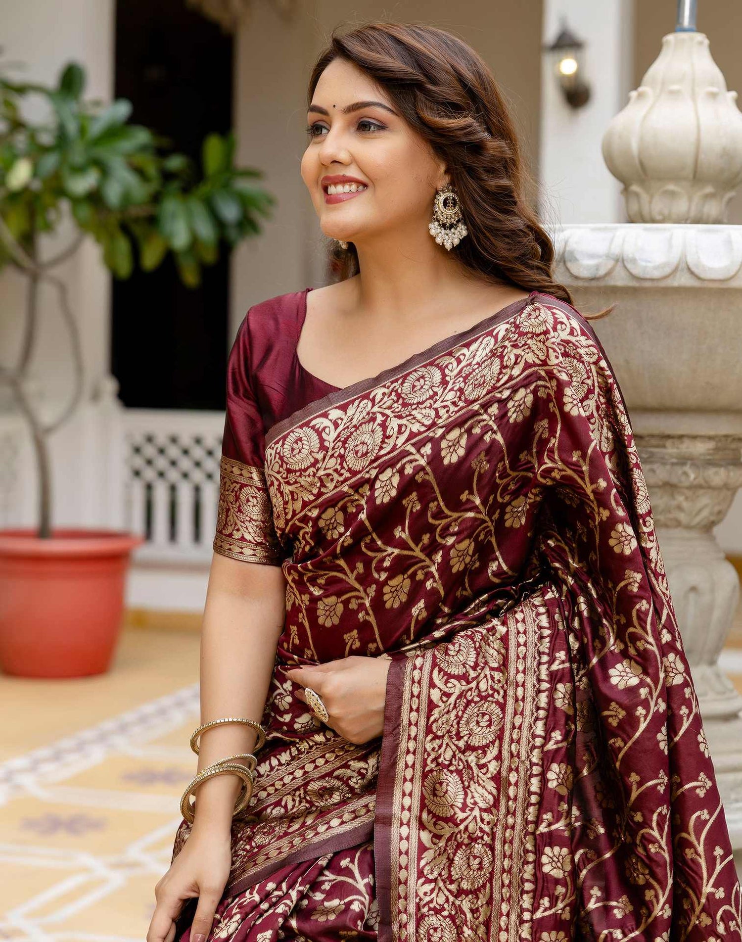 Maroon Silk Woven Banarasi Saree