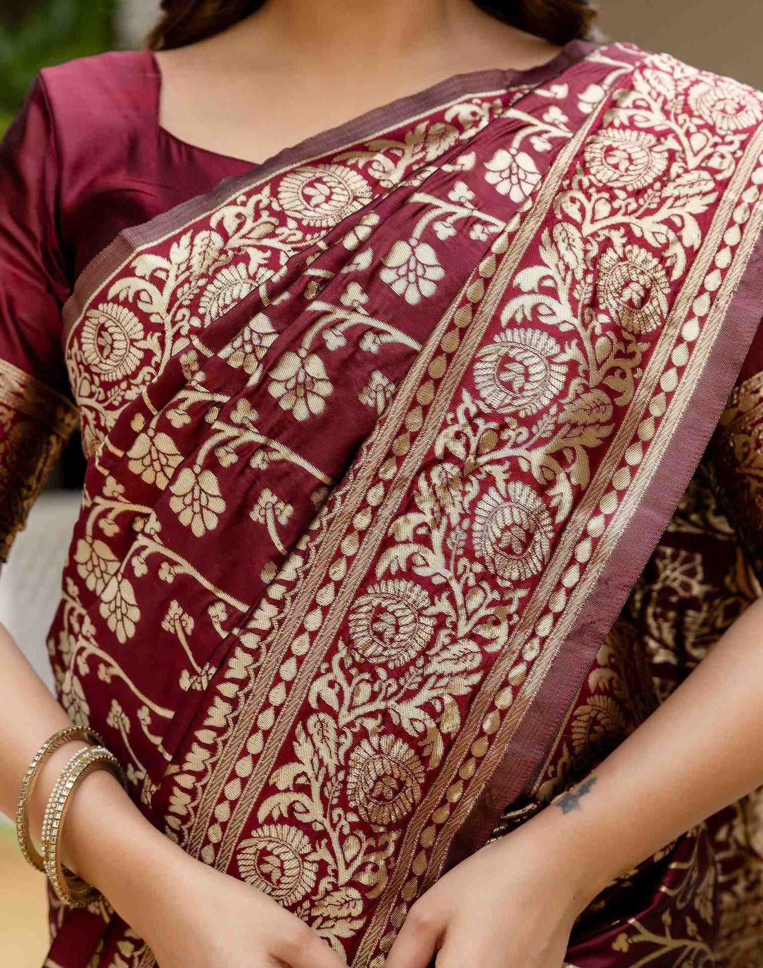 Maroon Silk Woven Banarasi Saree