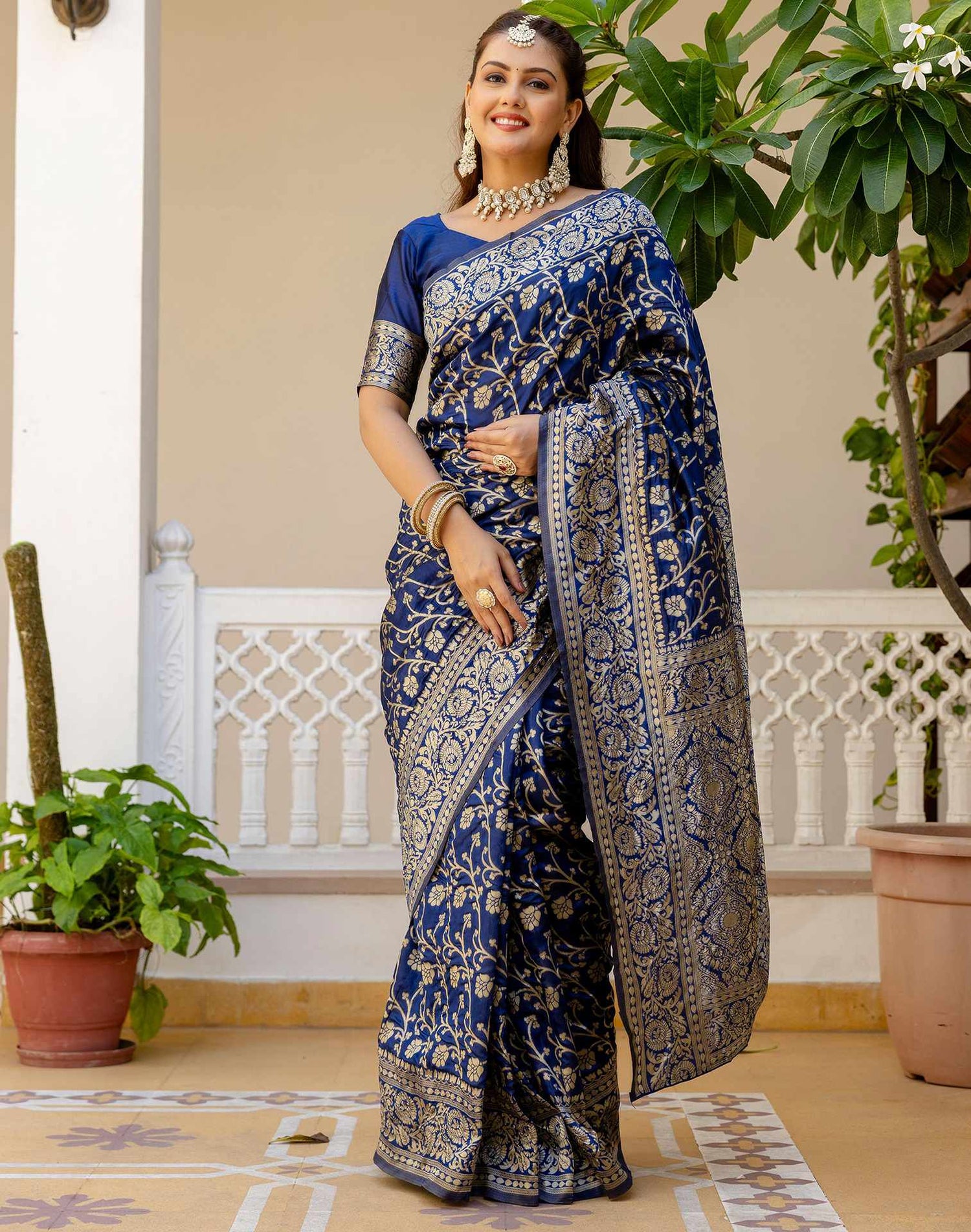 Navy Blue Silk Woven Banarasi Saree