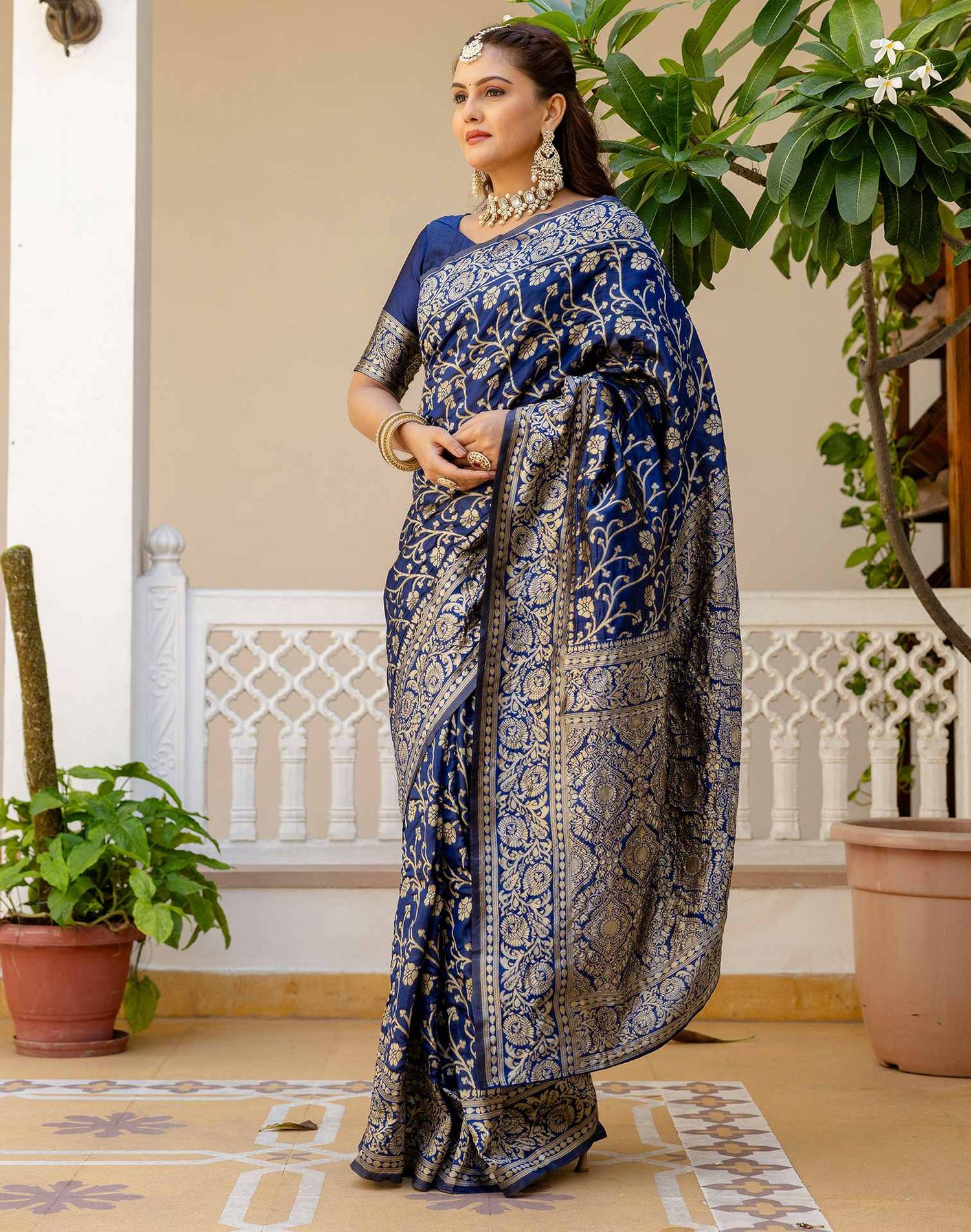 Navy Blue Silk Woven Banarasi Saree