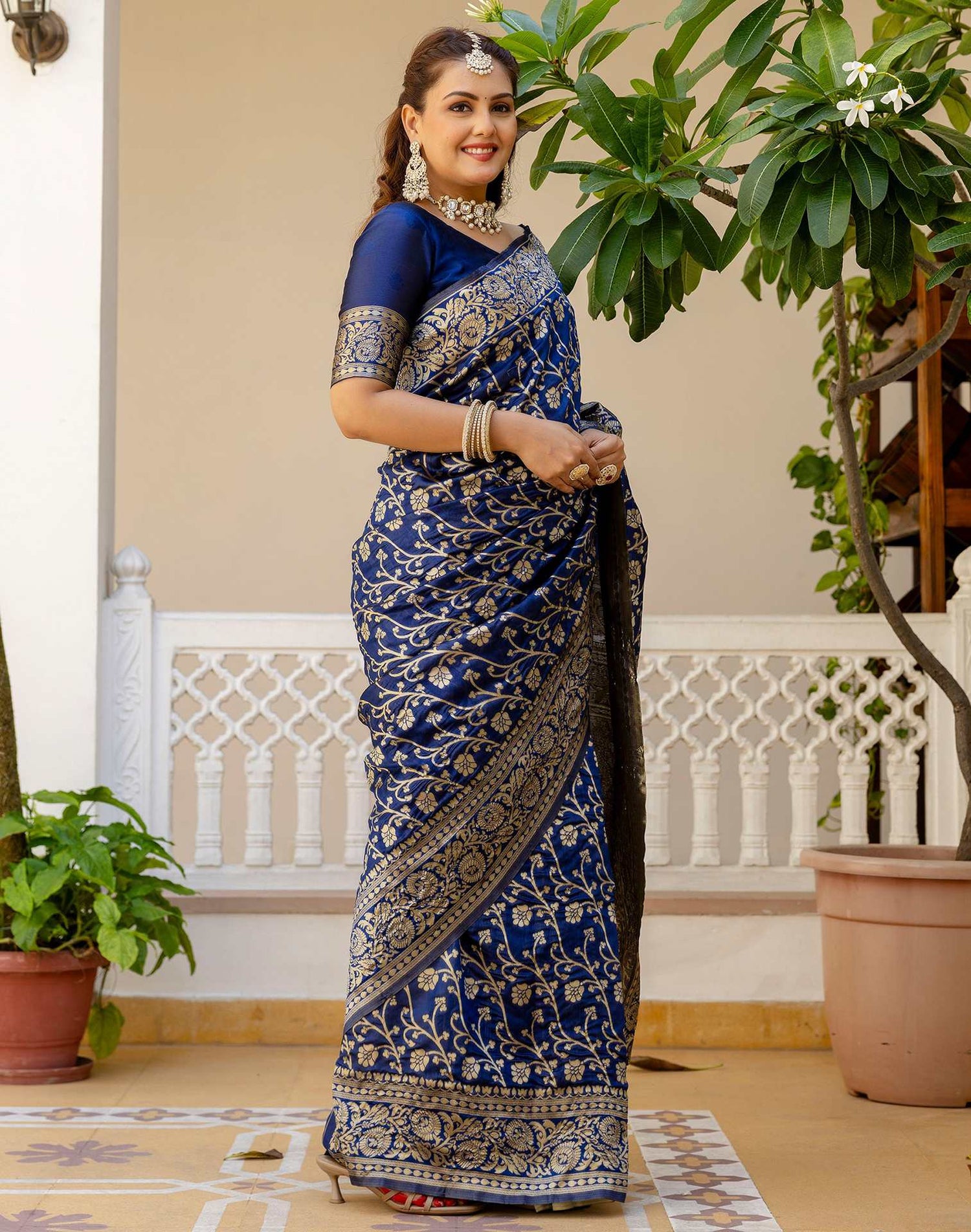Navy Blue Silk Woven Banarasi Saree