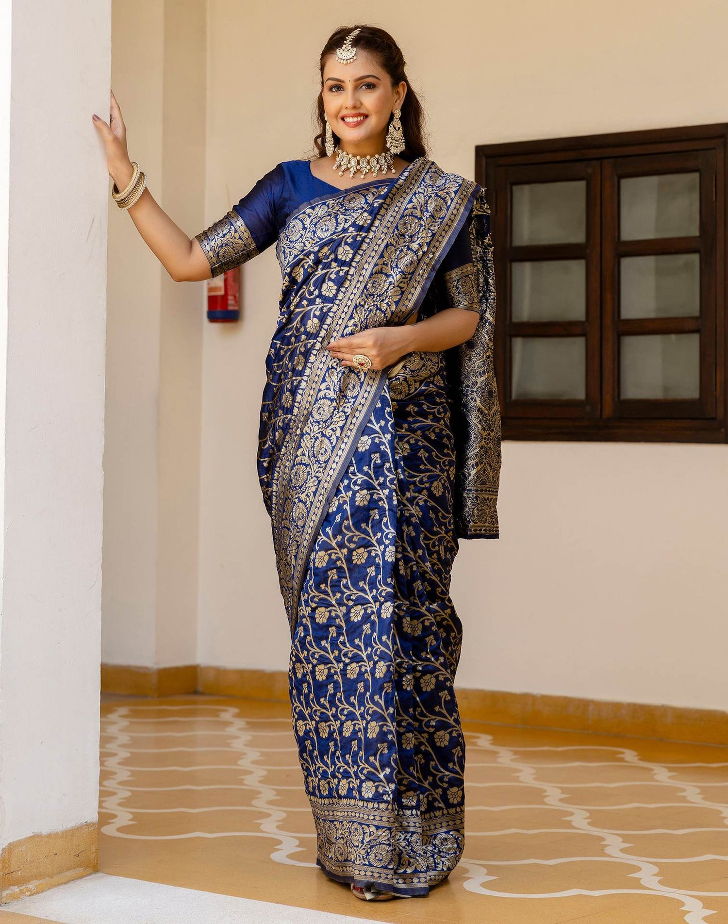 Navy Blue Silk Woven Banarasi Saree