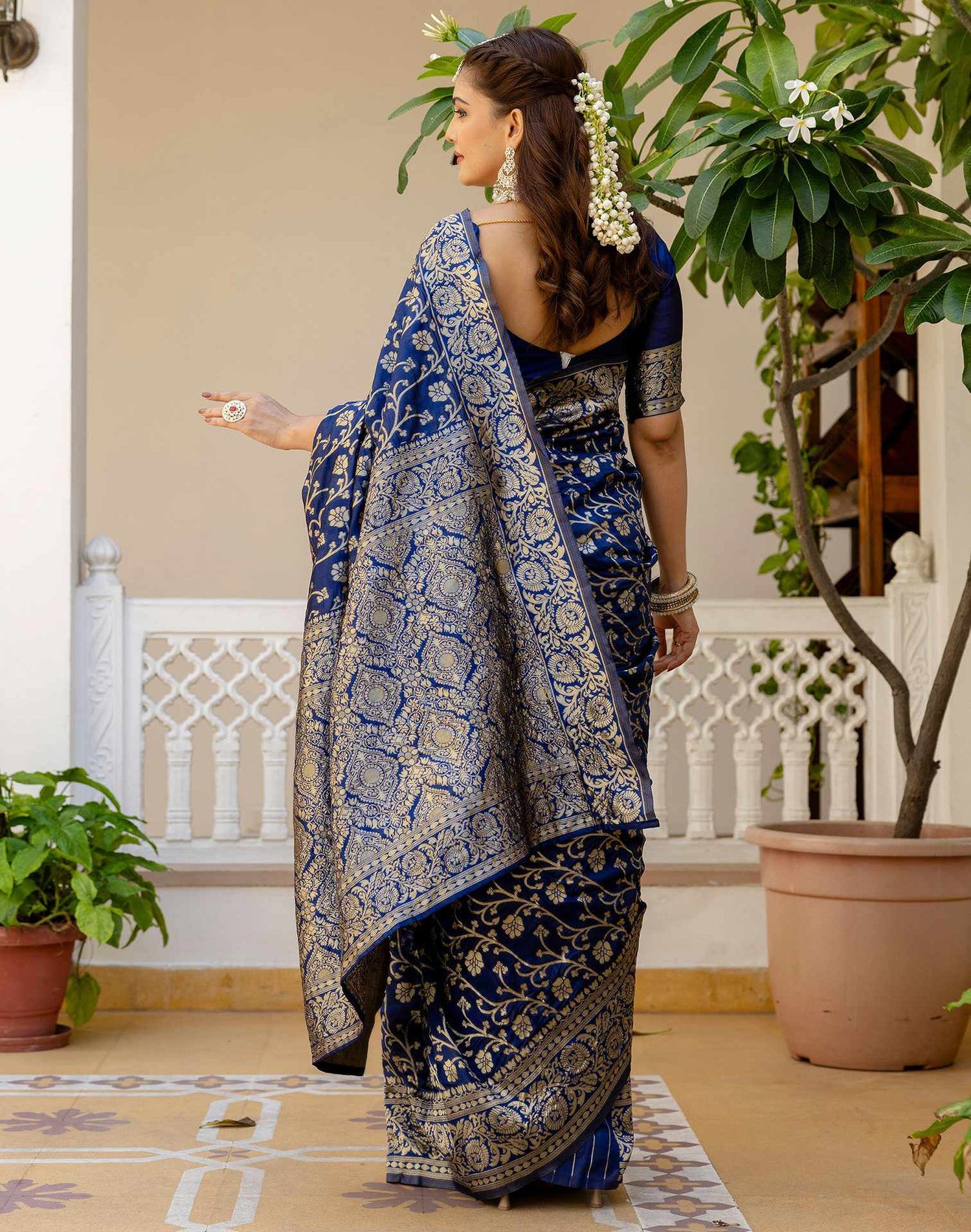 Navy Blue Silk Woven Banarasi Saree