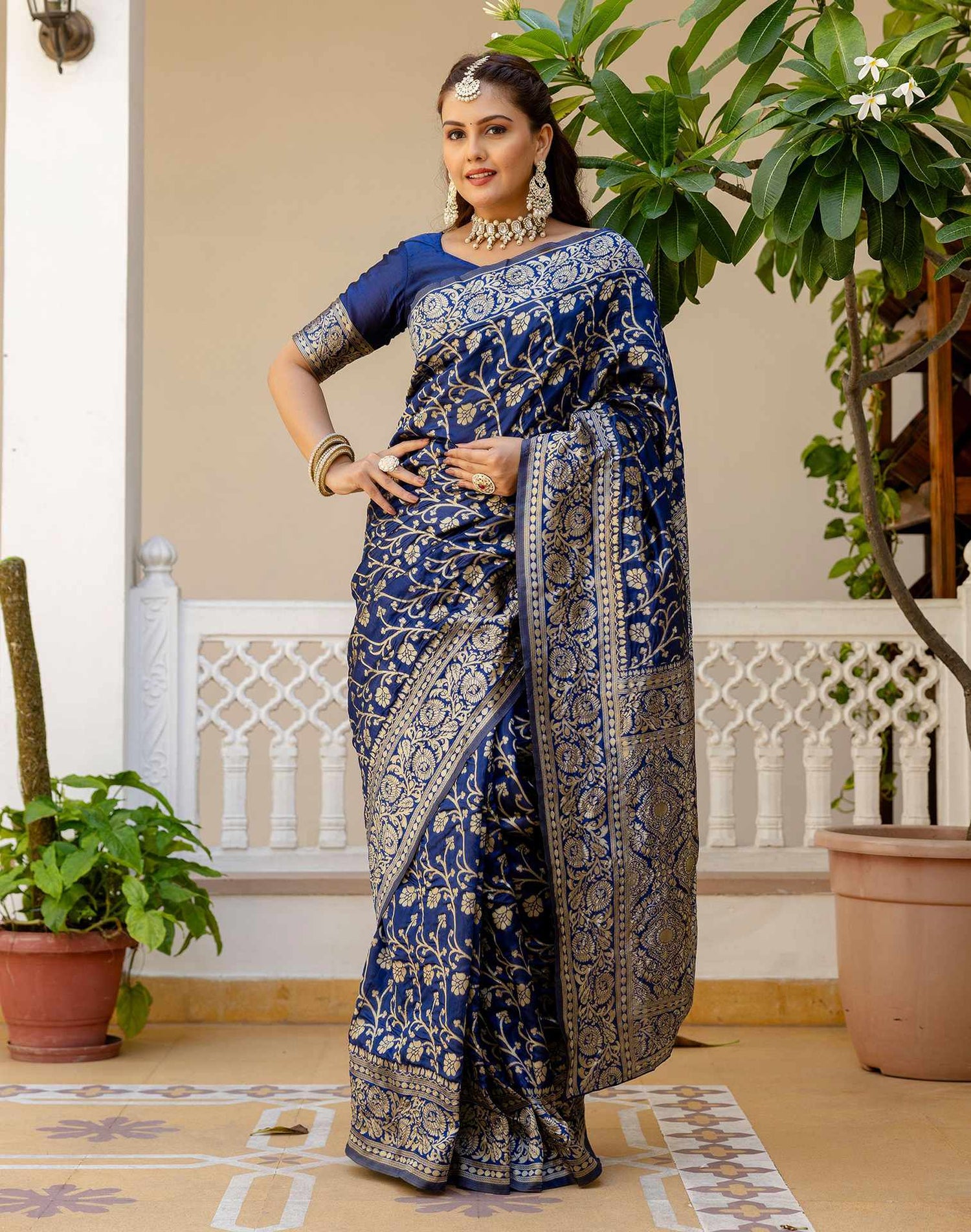Navy Blue Silk Woven Banarasi Saree