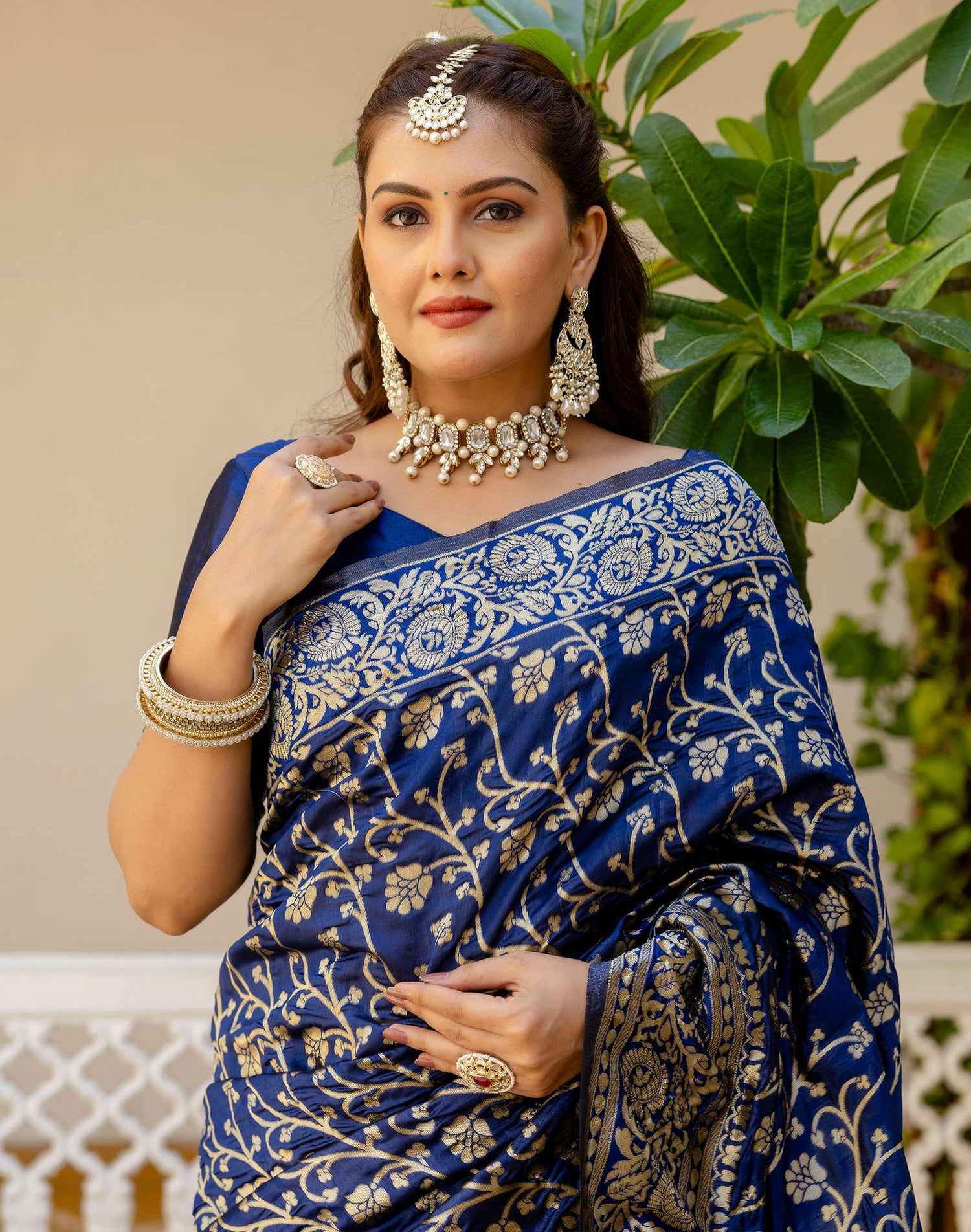 Navy Blue Silk Woven Banarasi Saree