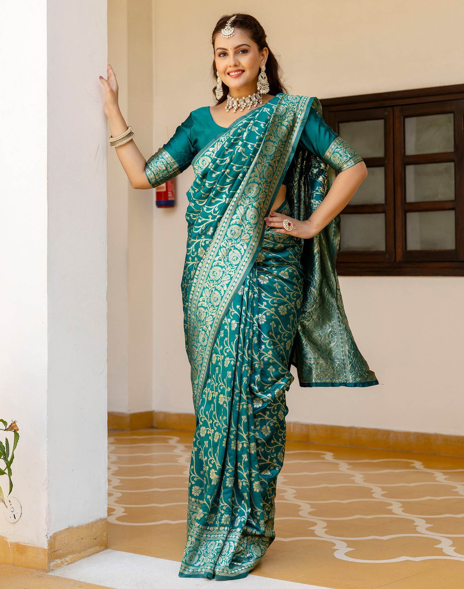 Teal Green Silk Woven Banarasi Saree