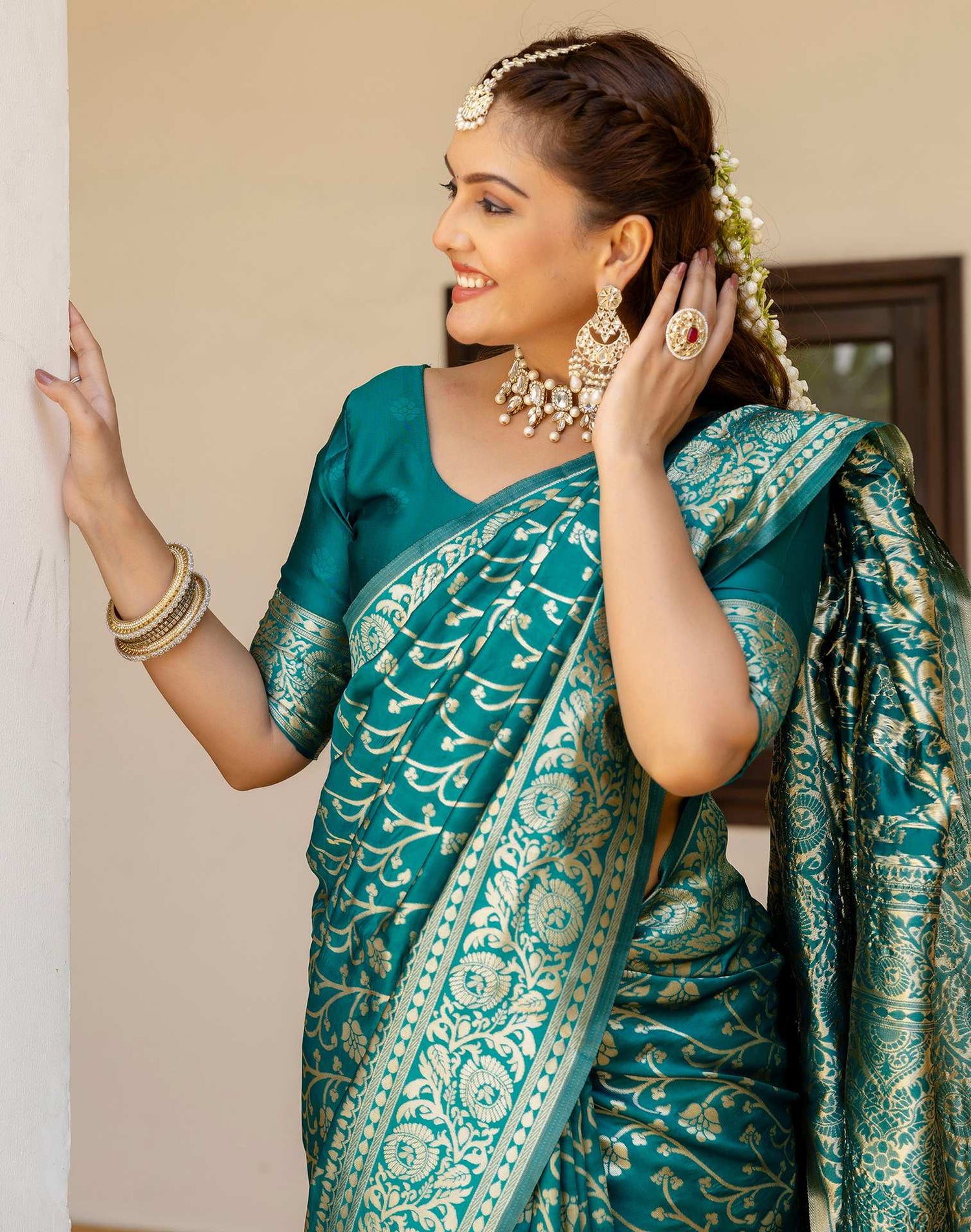 Teal Green Silk Woven Banarasi Saree