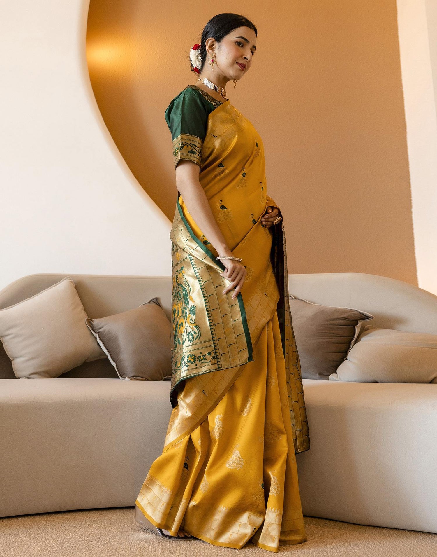 Mustard Yellow Silk Woven Paithani Saree