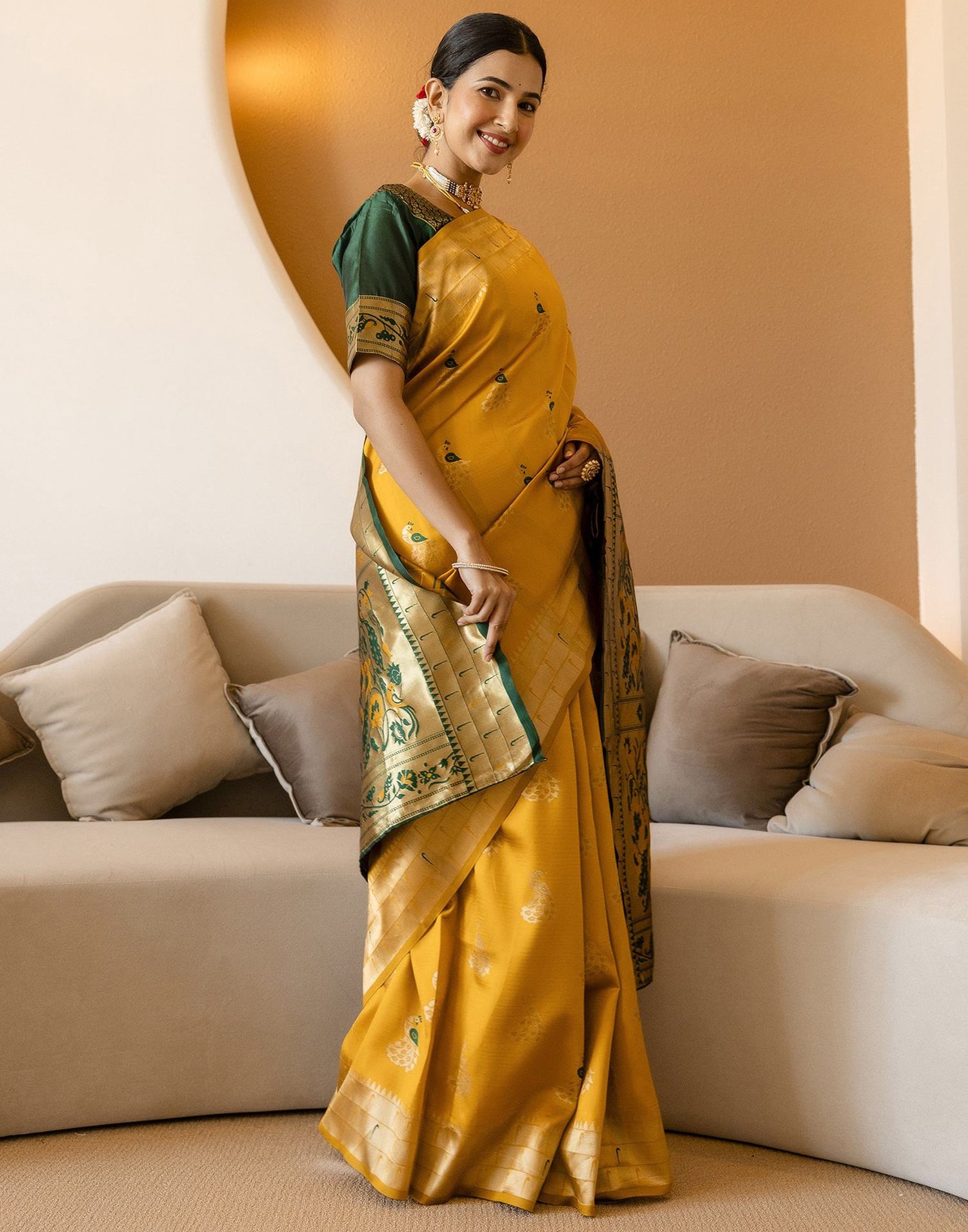 Mustard Yellow Silk Woven Paithani Saree