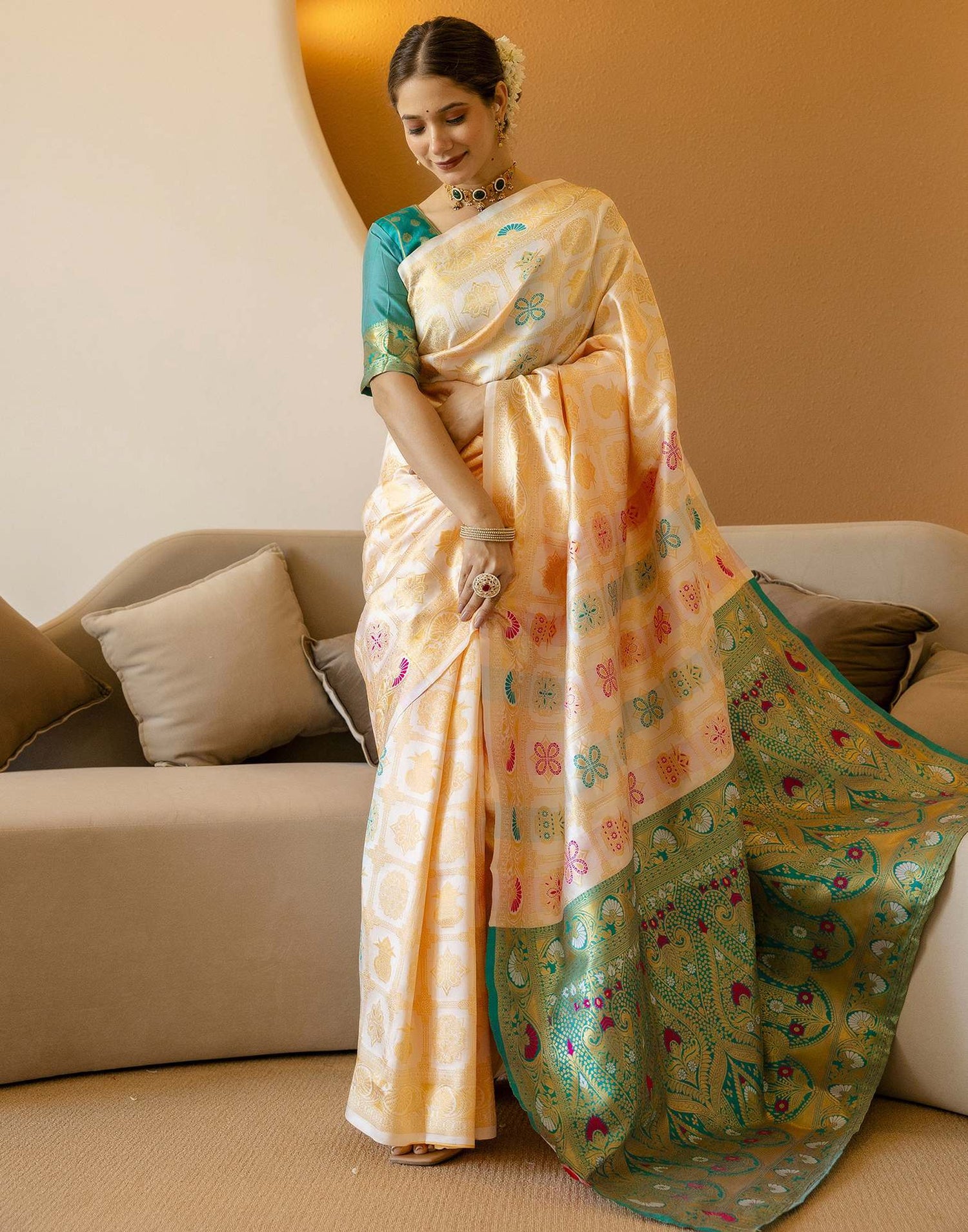 Off White Silk Woven Saree