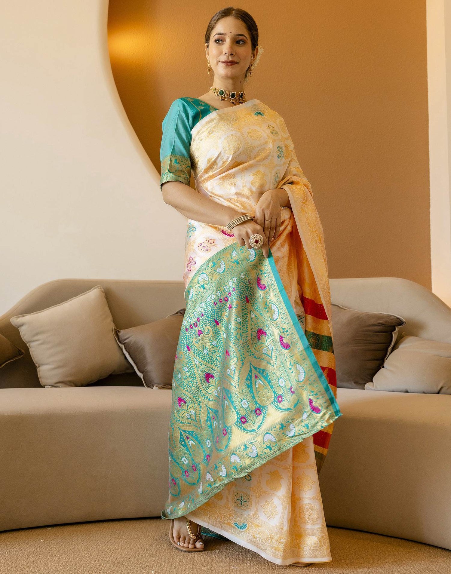 Off White Silk Woven Saree