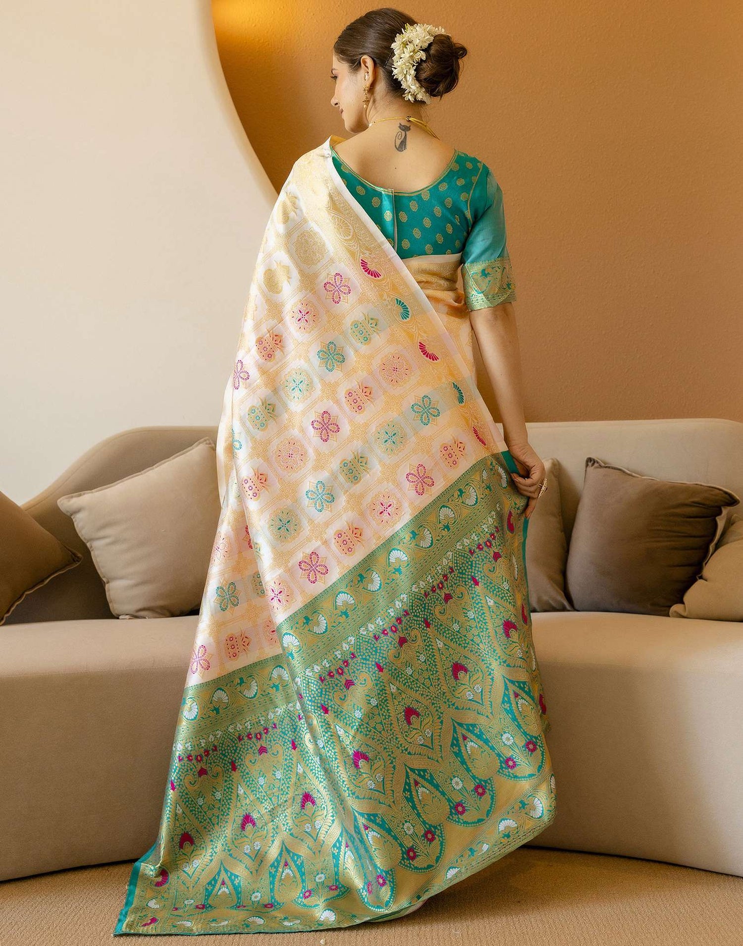 Off White Silk Woven Saree