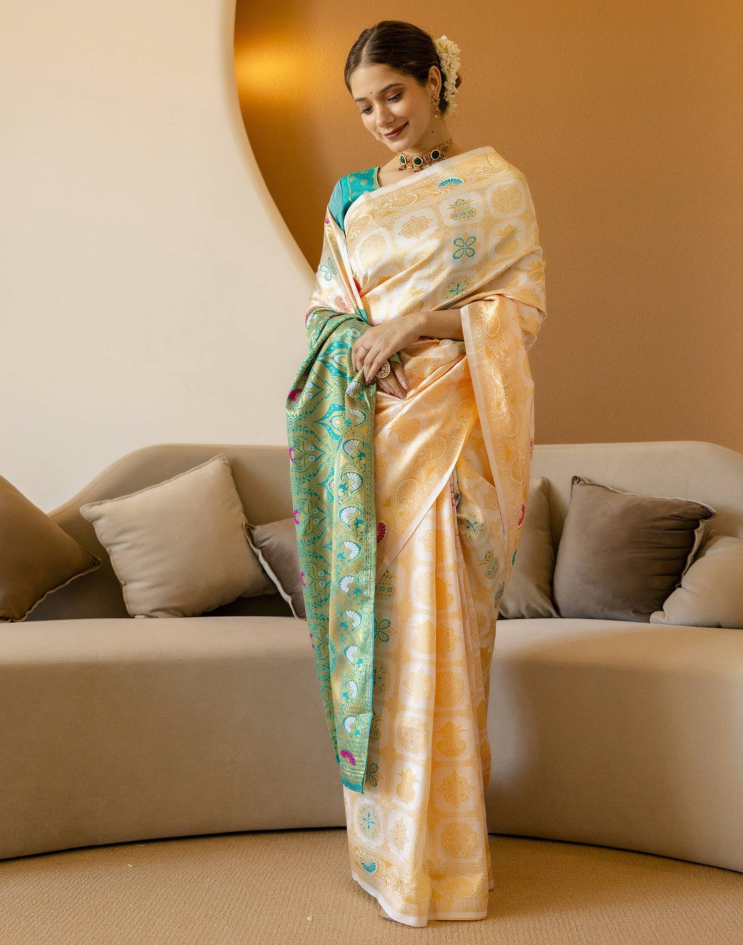 Off White Silk Woven Saree