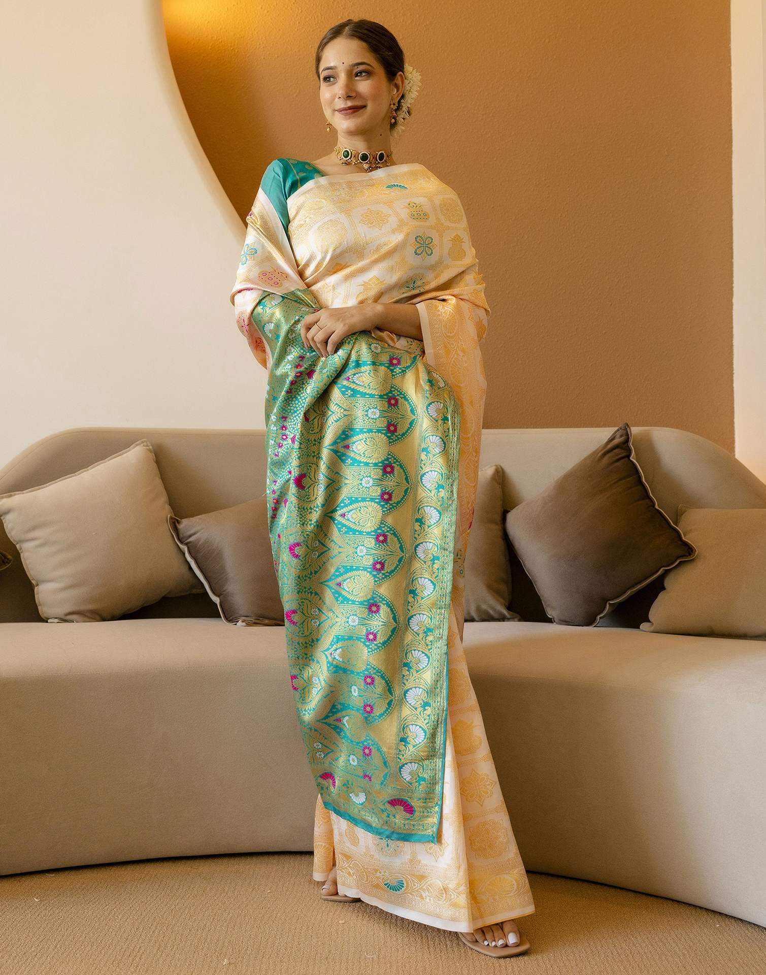 Off White Silk Woven Saree