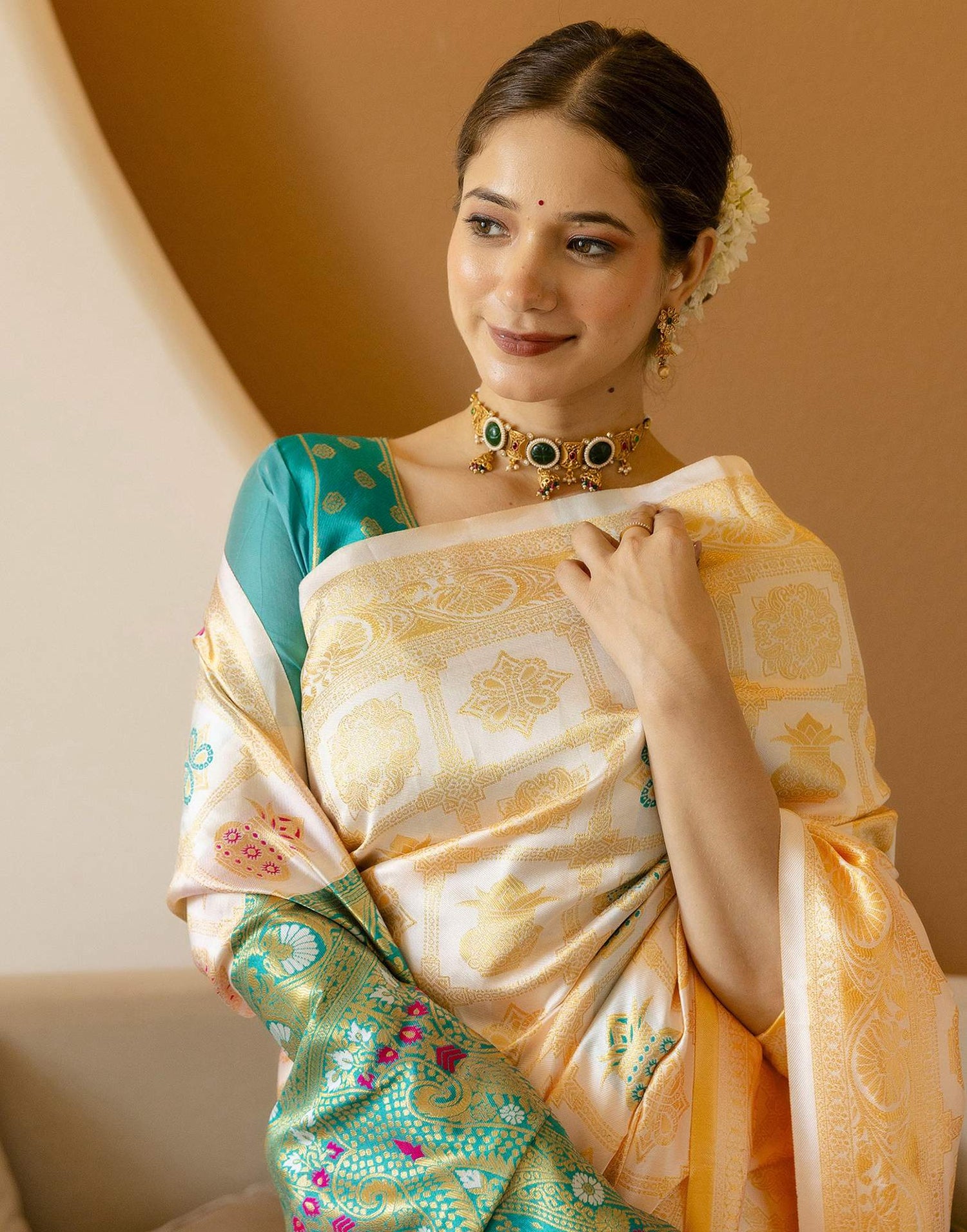 Off White Silk Woven Saree