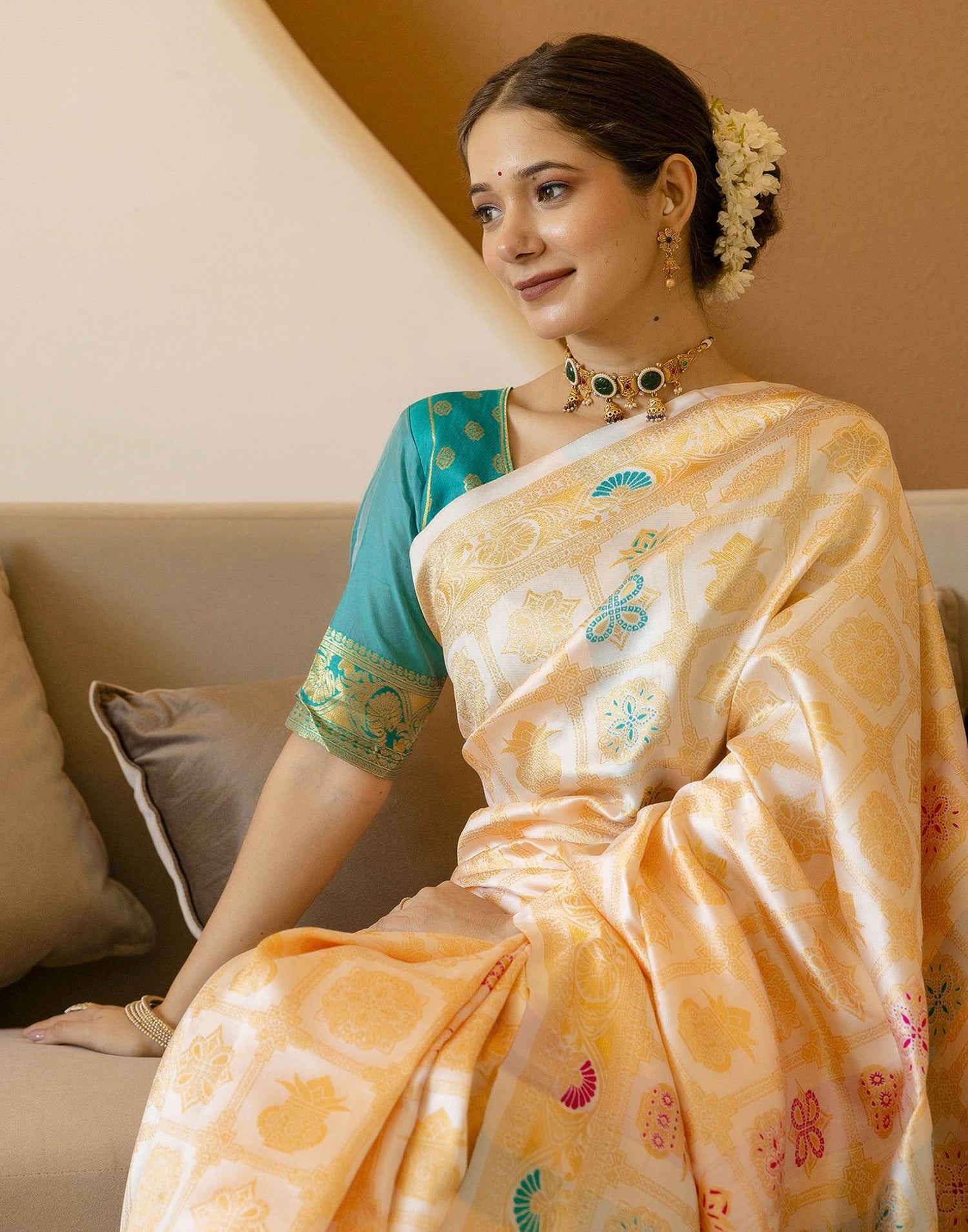 Off White Silk Woven Saree