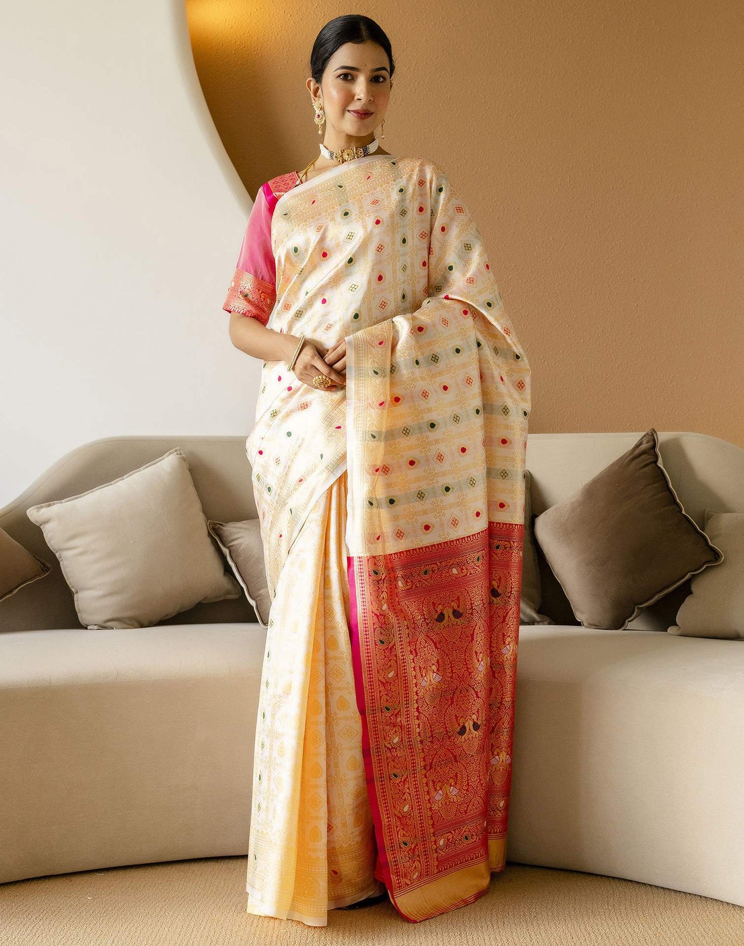 Off White Silk Woven Saree