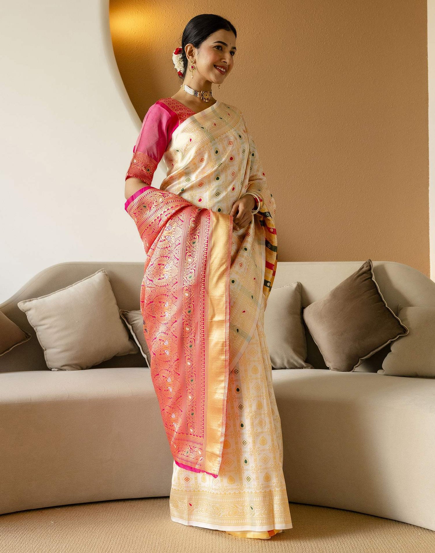 Off White Silk Woven Saree