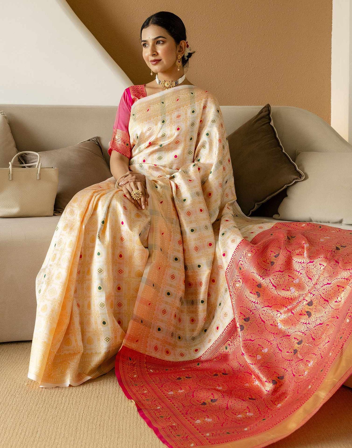 Off White Silk Woven Saree