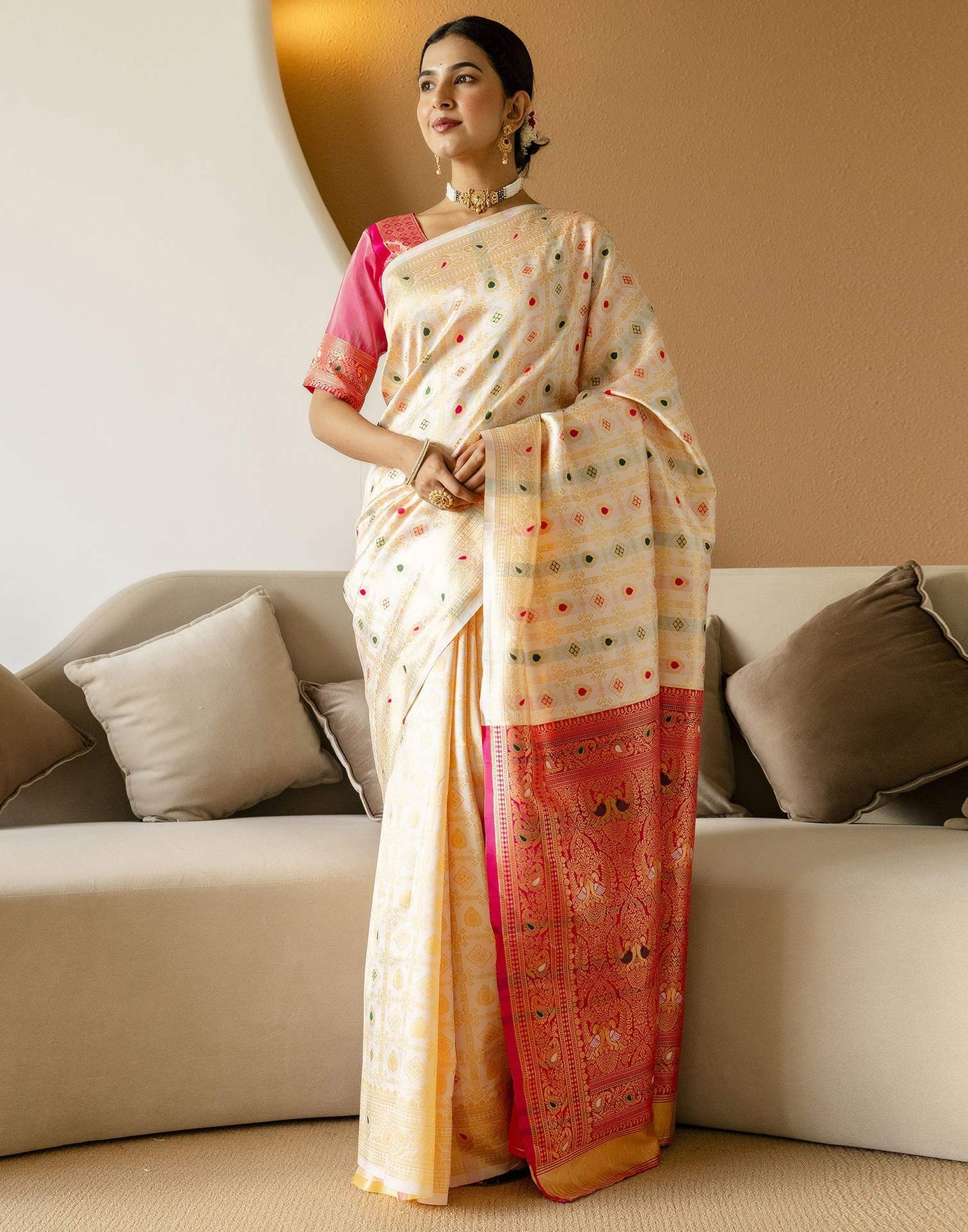 Off White Silk Woven Saree