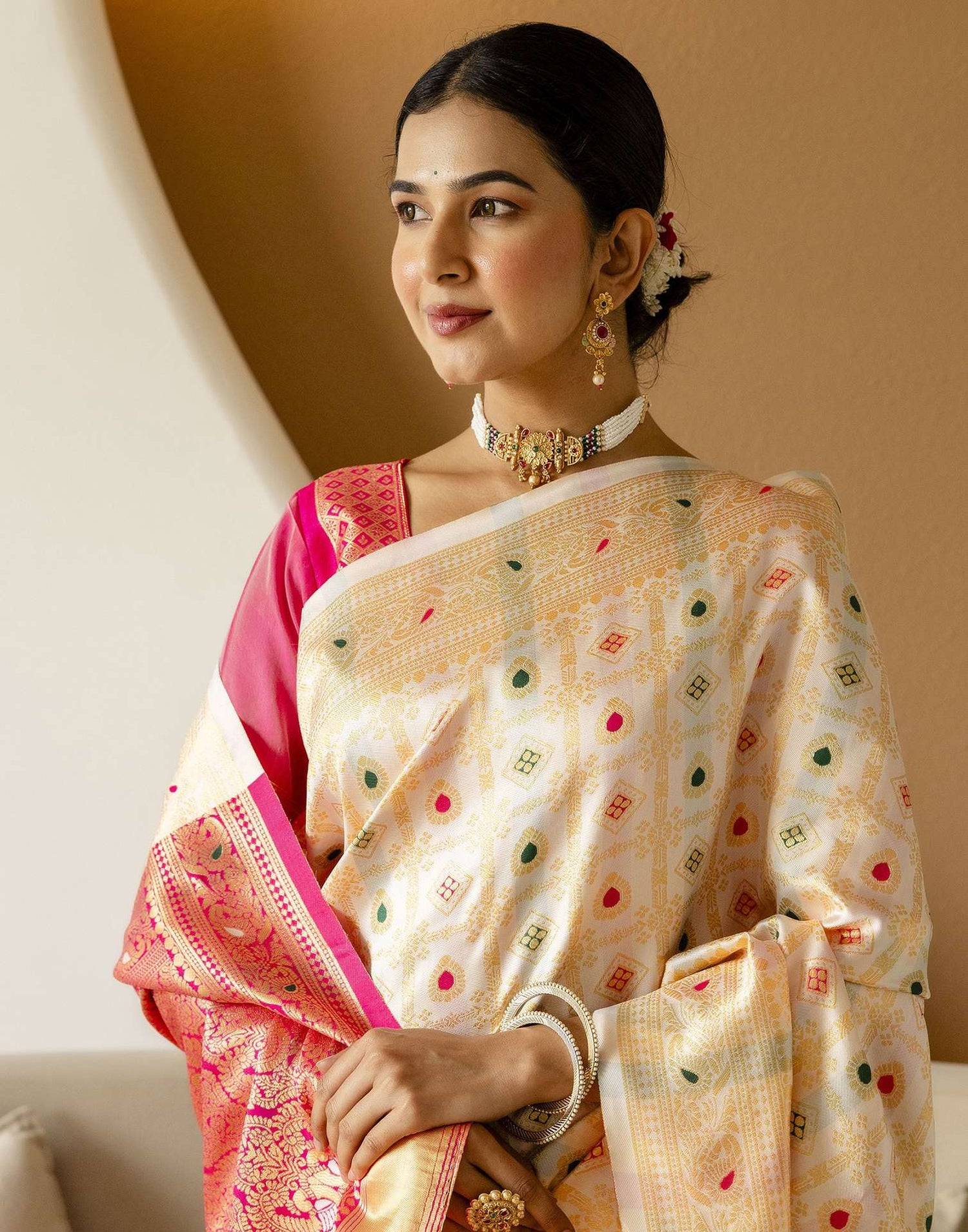 Off White Silk Woven Saree