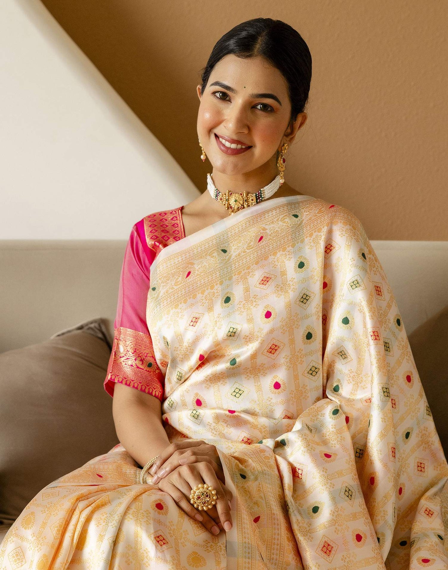 Off White Silk Woven Saree