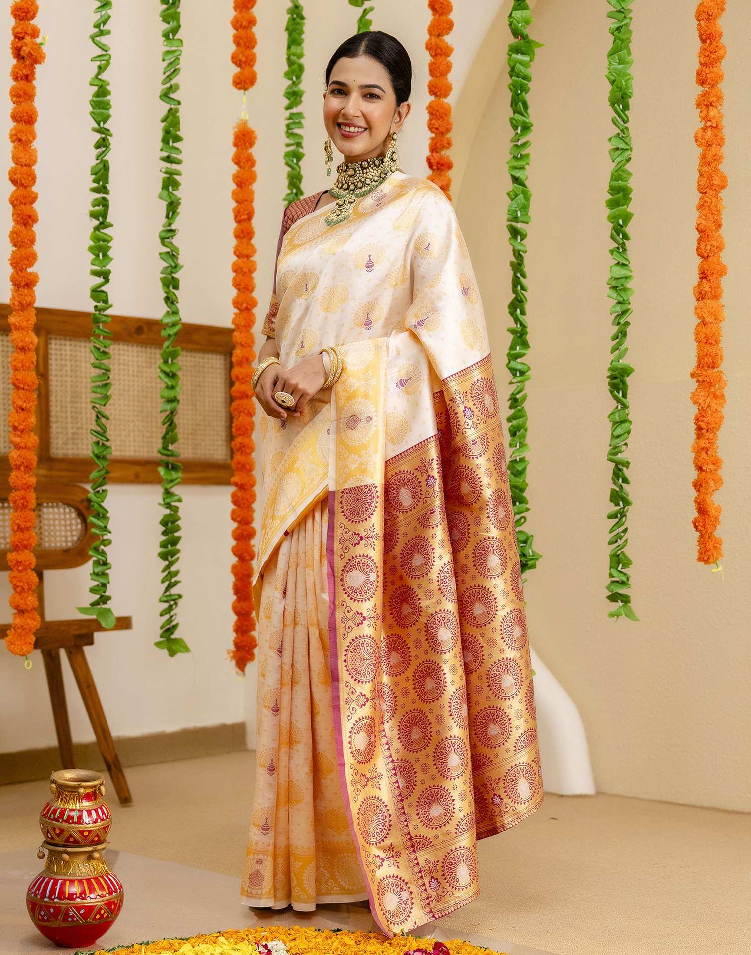 Off White Silk Woven Saree