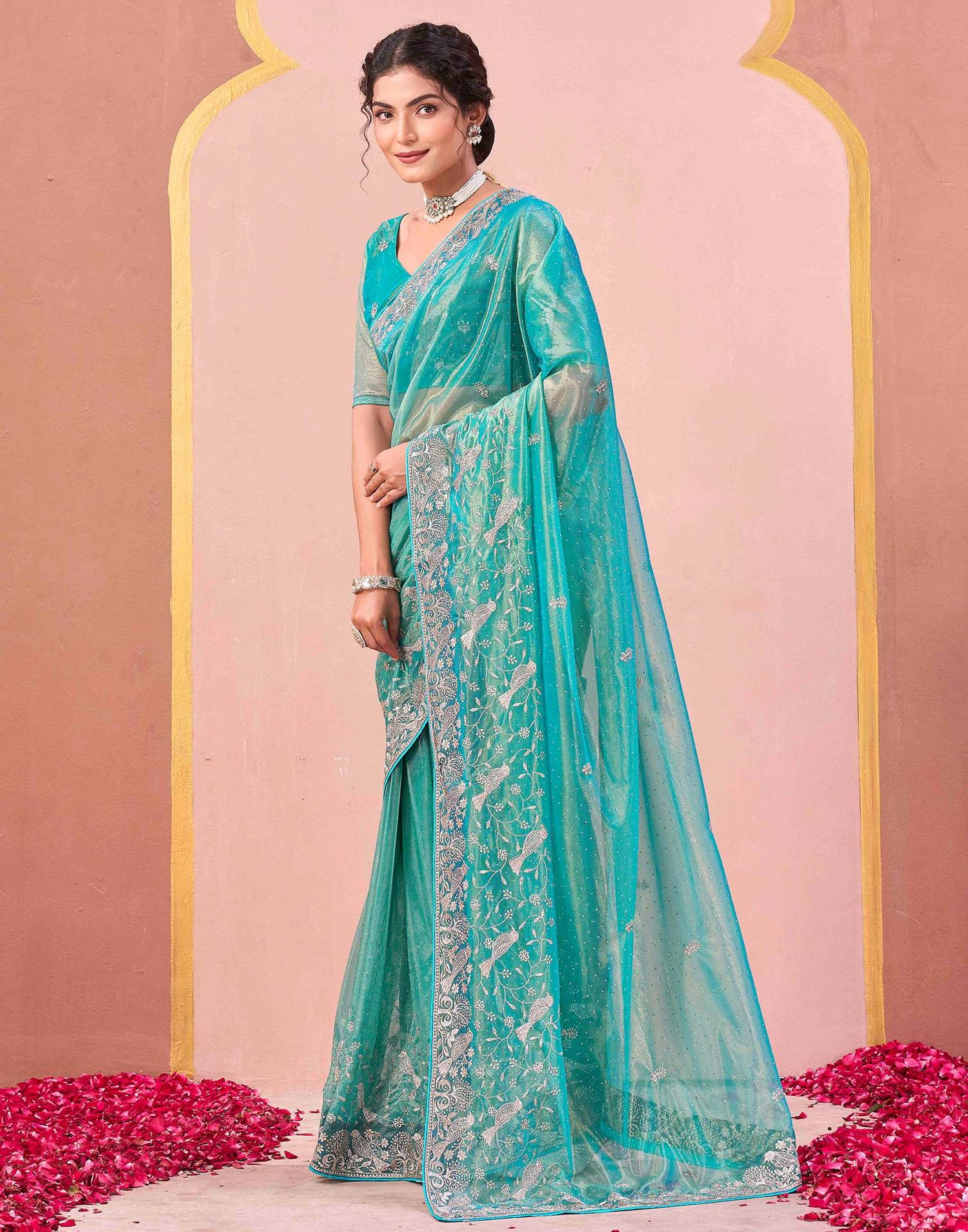 Turquoise Shimmer Net Embroidery Swarovski Saree