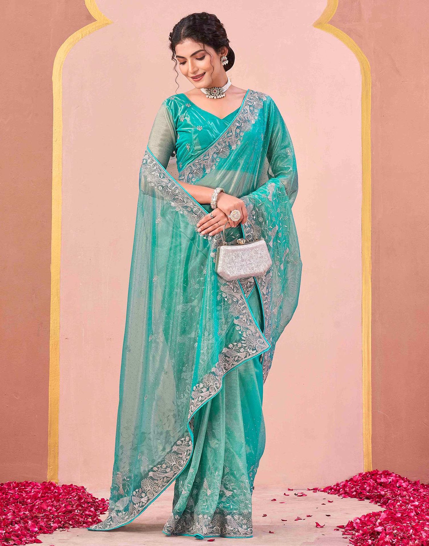 Turquoise Shimmer Net Embroidery Swarovski Saree