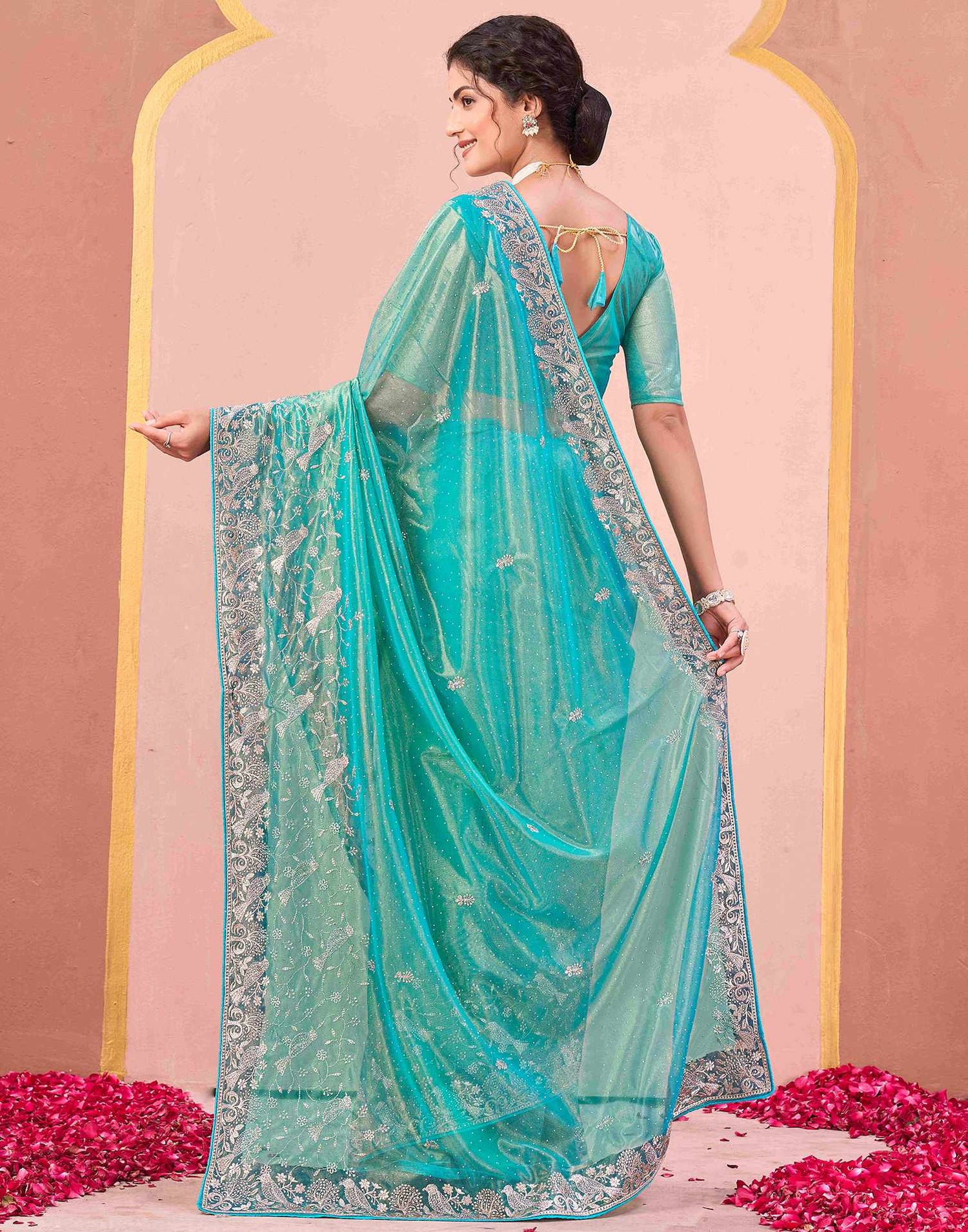 Turquoise Shimmer Net Embroidery Swarovski Saree