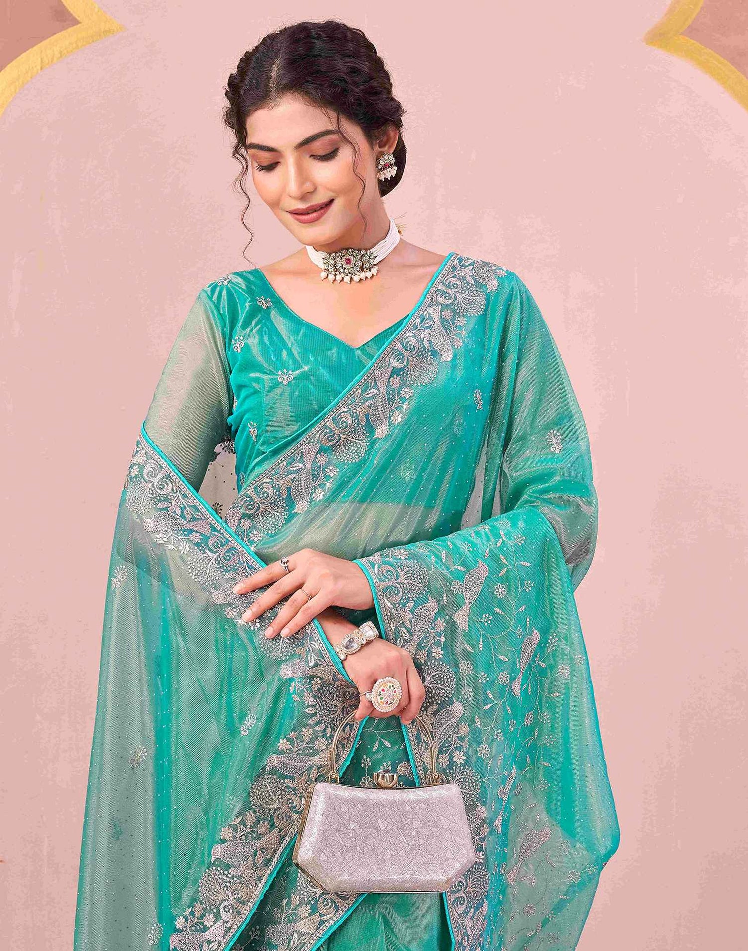 Turquoise Shimmer Net Embroidery Swarovski Saree